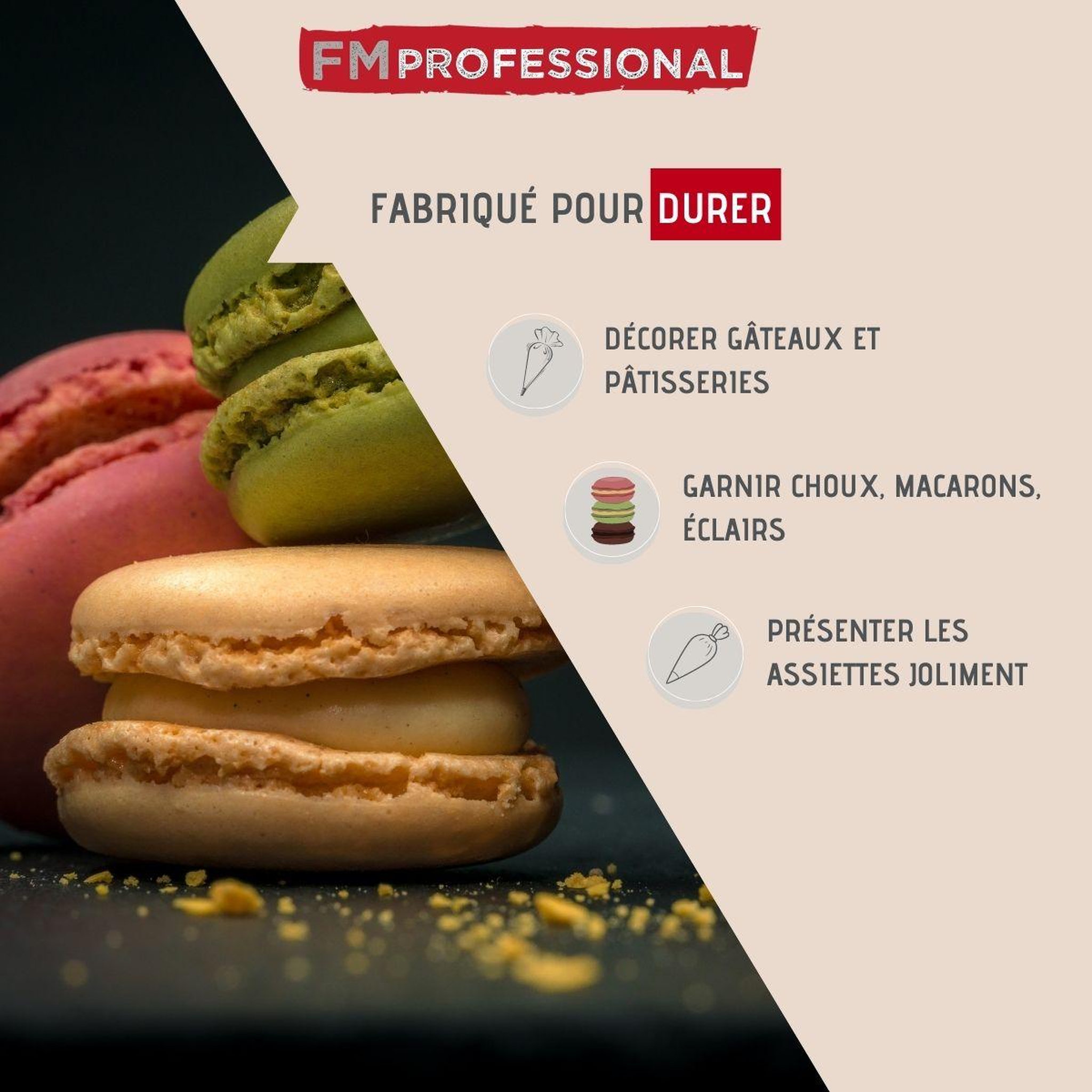 Voir la diapositive 2 : FM PROFESSIONAL Poche à douille professionnelle réemployable et 3 douilles inox 28 cm FM Professional Pâtisserie