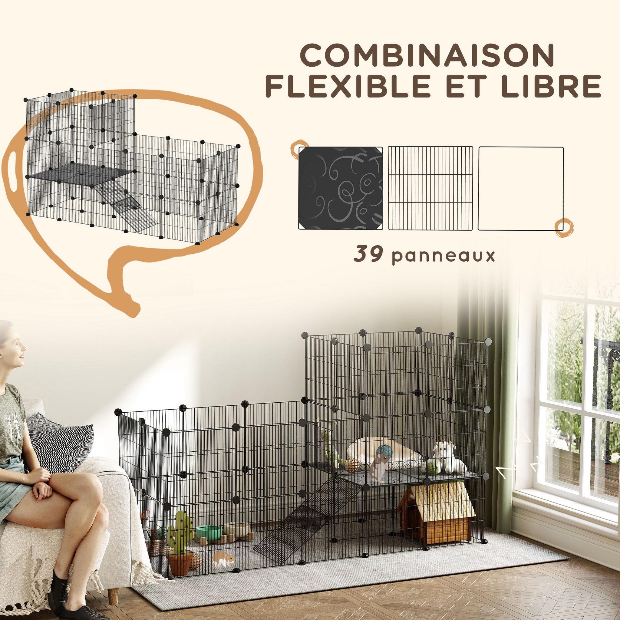 Voir la diapositive 4 : PAWHUT Cage parc enclos modulable rongeurs 2 niveaux 39 panneaux fil métallique pp noir