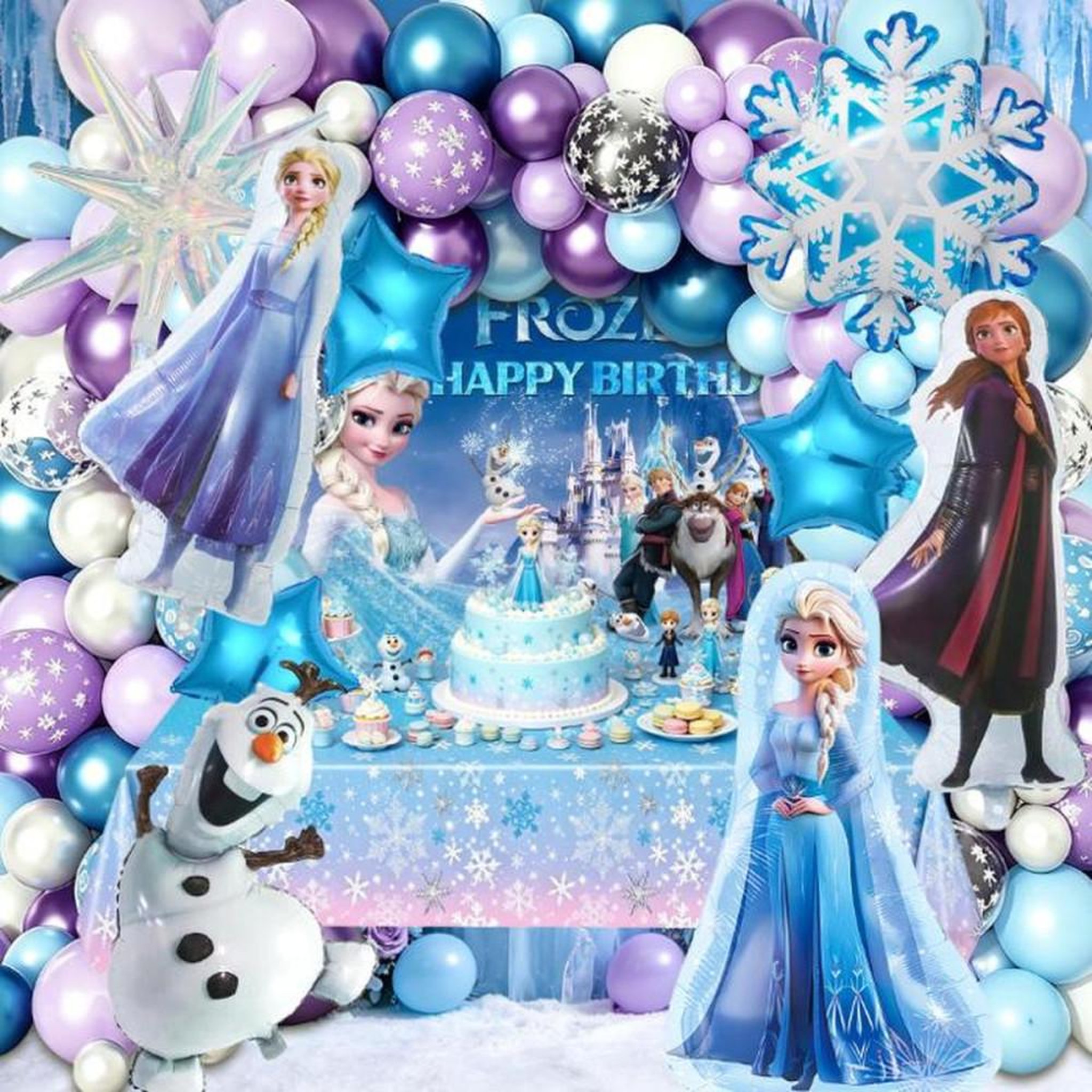Lot de ballons décoratifs Frozen avec pompe, motifs Elsa, Anna, Olaf et flocons, couleurs bleues et violettes