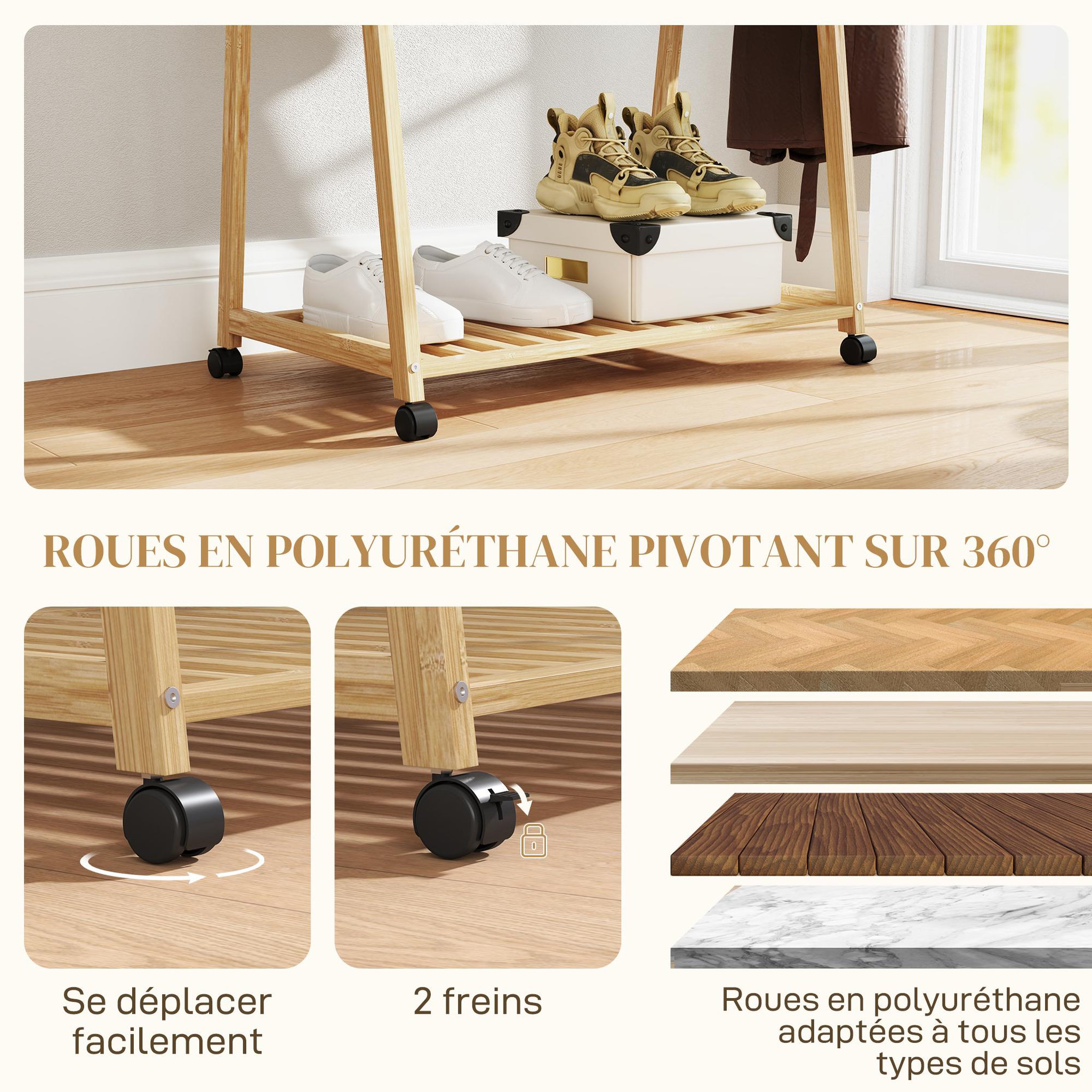 Voir la diapositive 5 : HOMCOM Portant penderie à vêtements en bambou mobile 4 roulettes 2 étagères dim. 84,5l x 43,5l x 158h cm