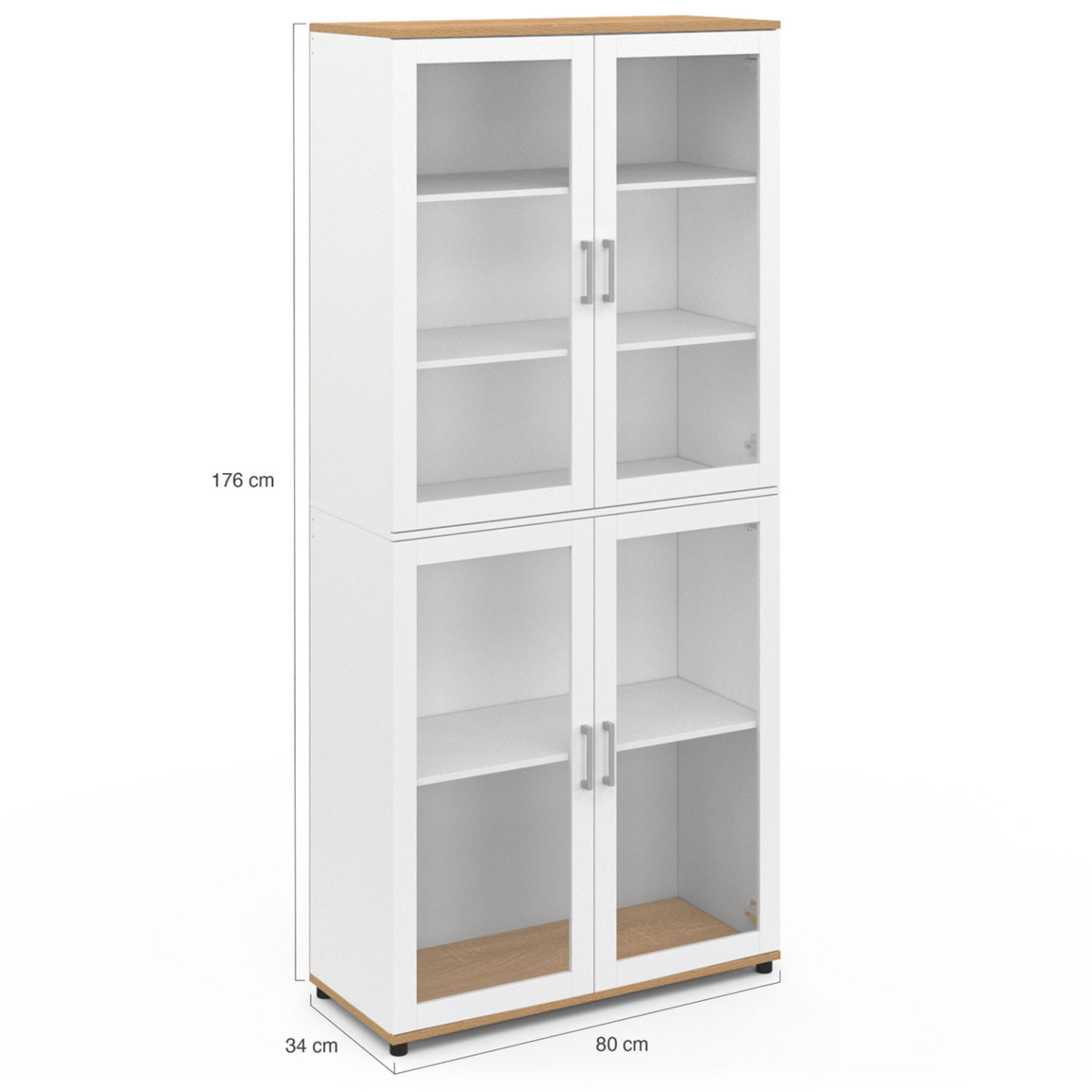 ID MARKET Vitrine buffet haut H. 176 cm vaisselier VITO 4 portes vitrées blanc et bois