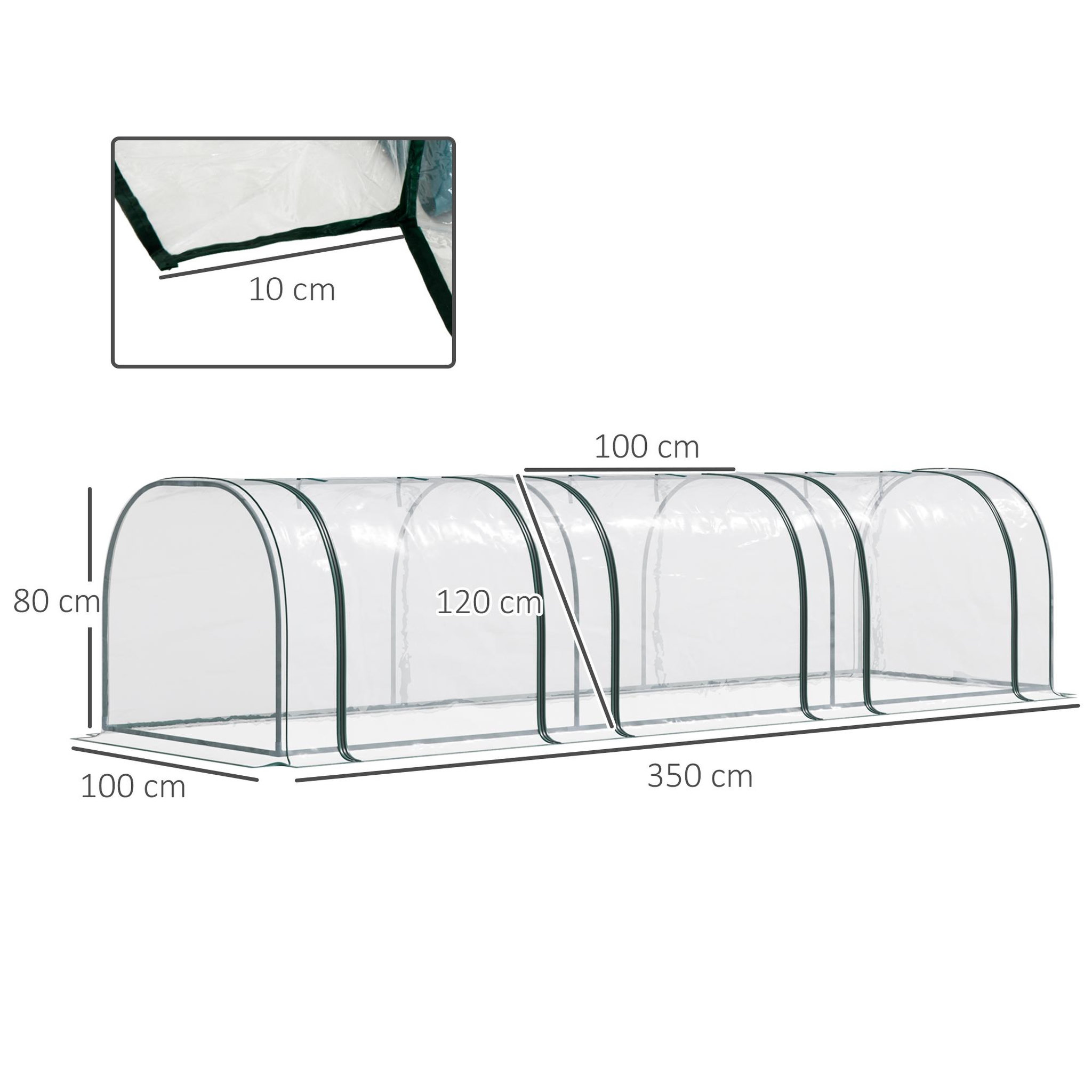 Voir la diapositive 3 : OUTSUNNY Serre de jardin tunnel 3,5l x 1l x 0,8h m 3 portes zippées bâche pvc transparent métal époxy vert