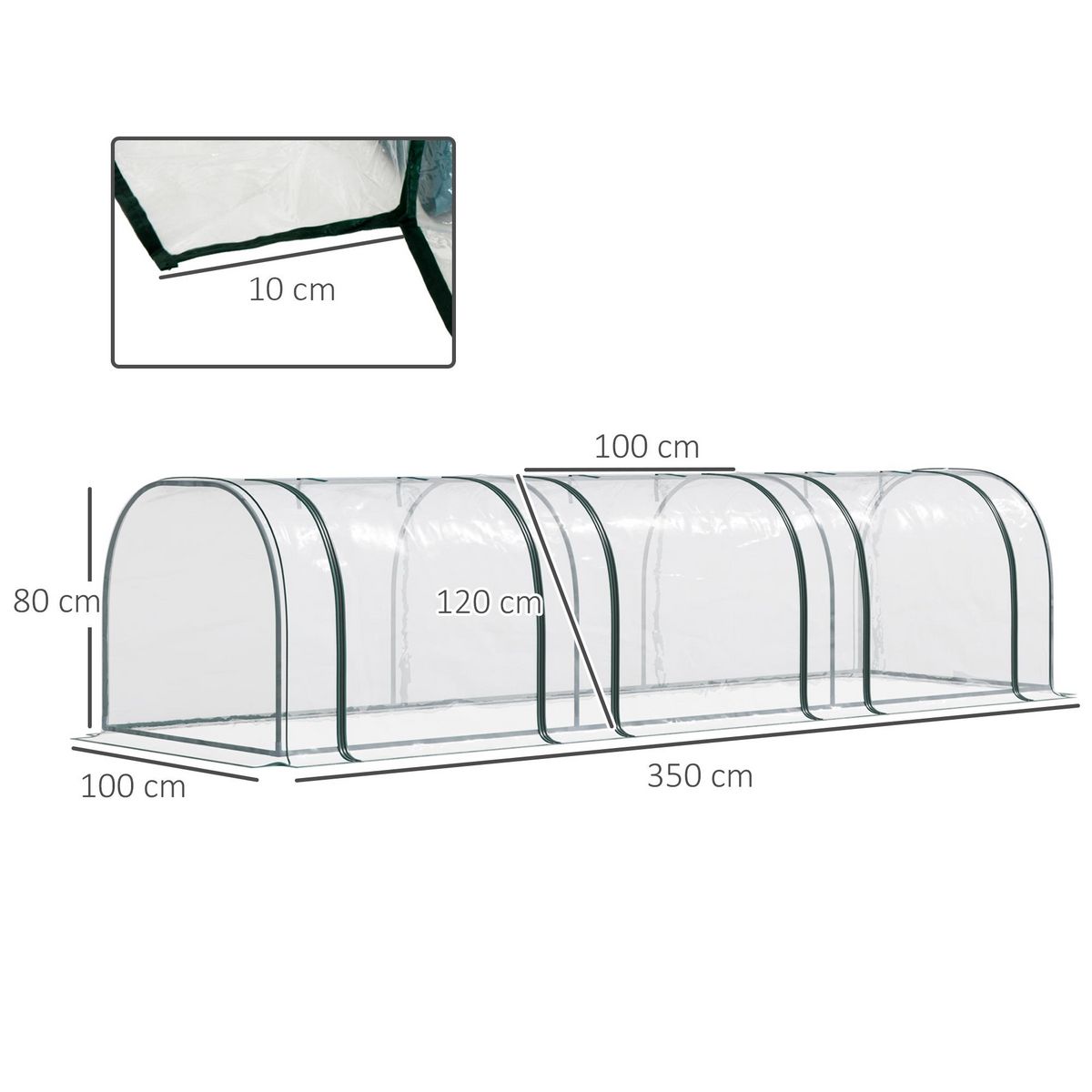 OUTSUNNY Serre de jardin tunnel 3,5L x 1l x 0,8H m 3 portes zippées bâche PVC transparent métal époxy vert