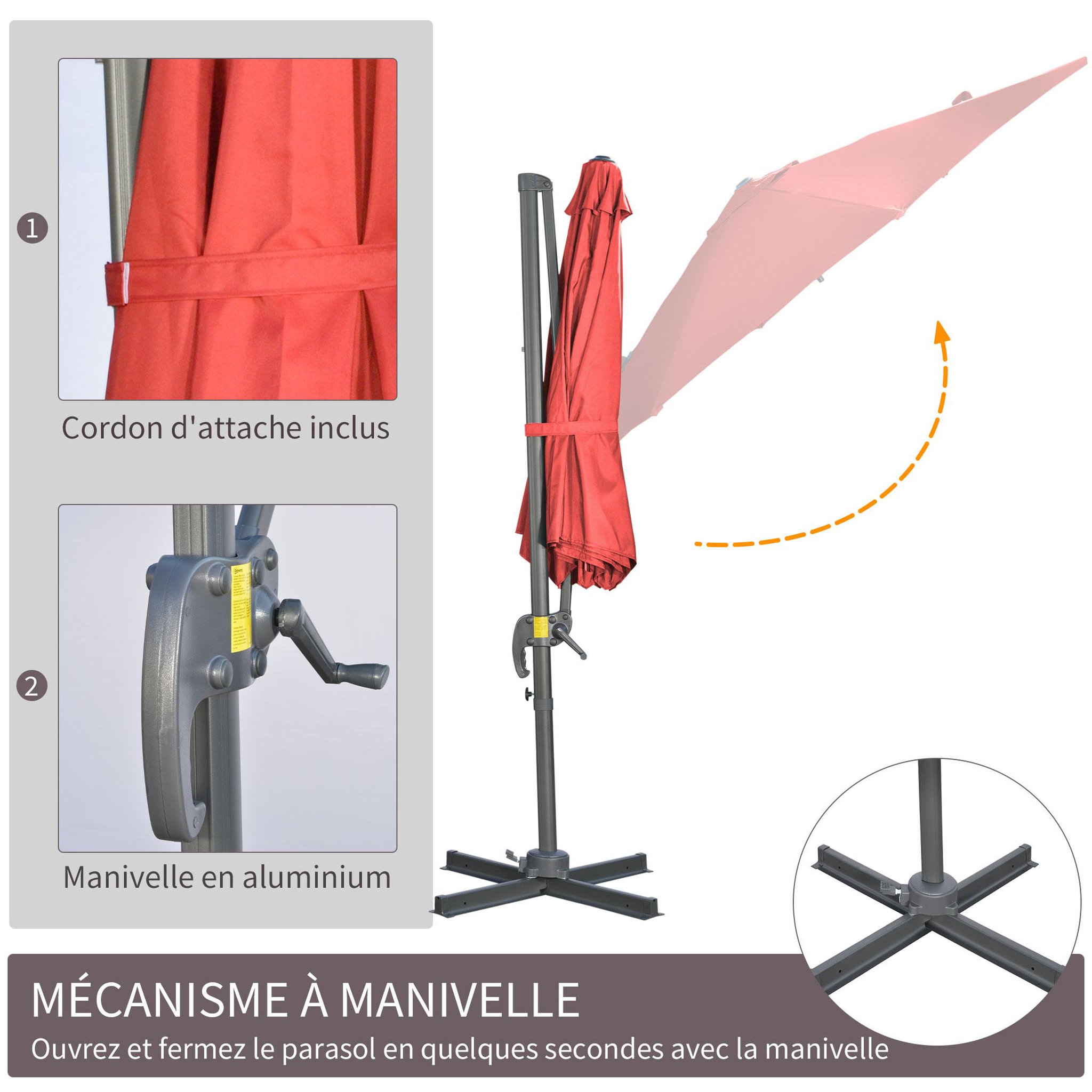 Voir la diapositive 6 : OUTSUNNY Parasol déporté octogonal inclinable manivelle avec pied en acier Ø 2,94 x 2,48H m rouge