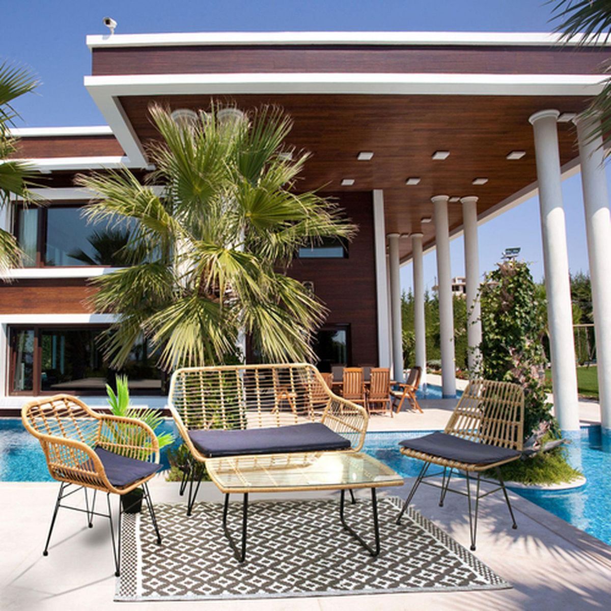 TOILINUX Table basse d'intérieur/extérieur Surabaya en verre trempé - Noir et beige