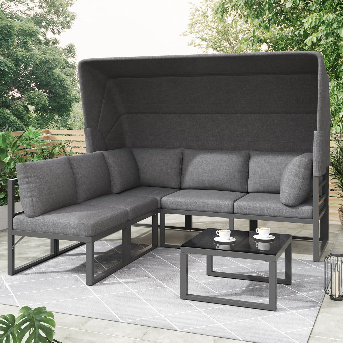 MERAX Salon de jardin 5 places en fer avec table auvent, coussins polyester qualité, gris