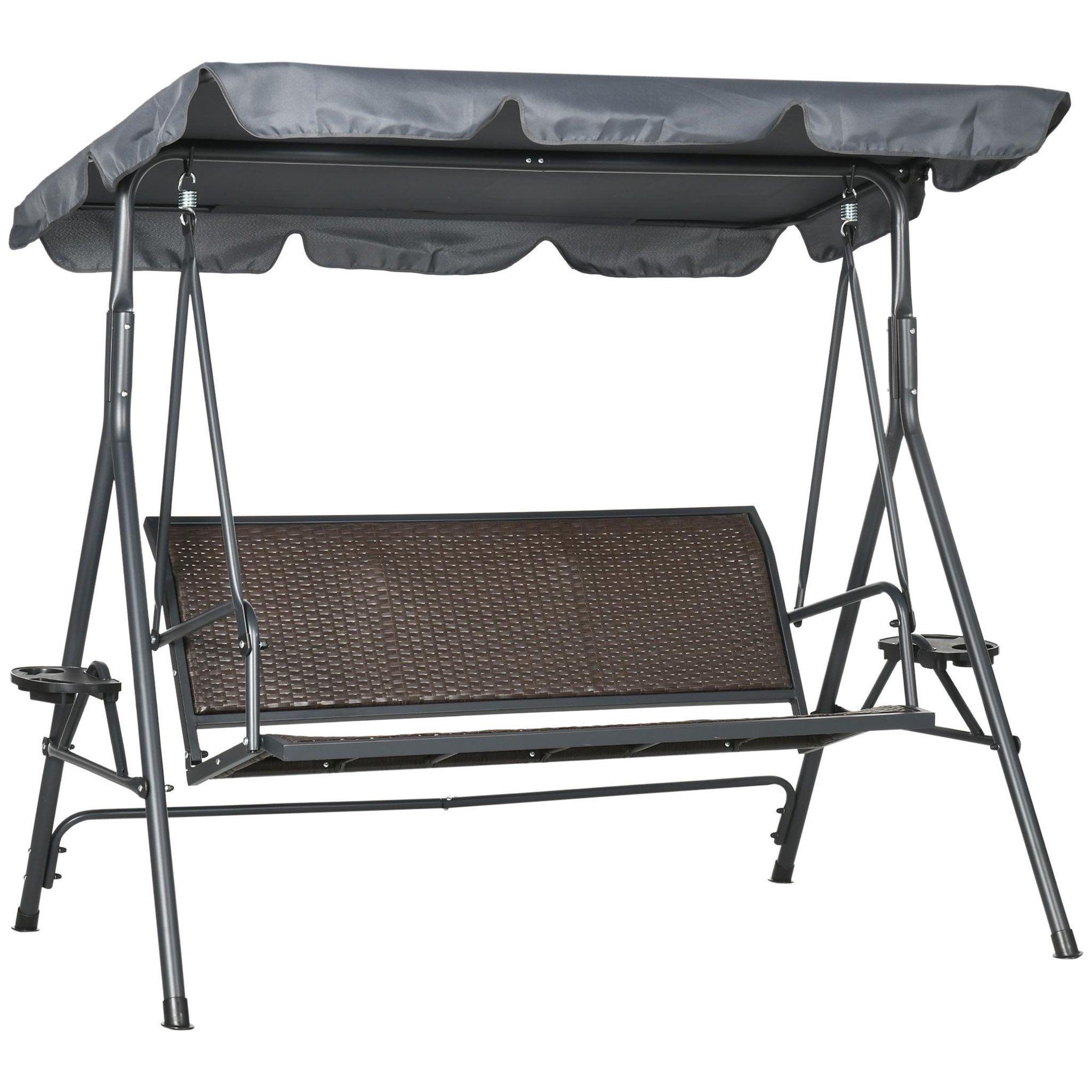 OUTSUNNY Balancelle de jardin 3 places - auvent réglable, plateaux porte-gobelets - résine tressée PE brun acier polyester gris