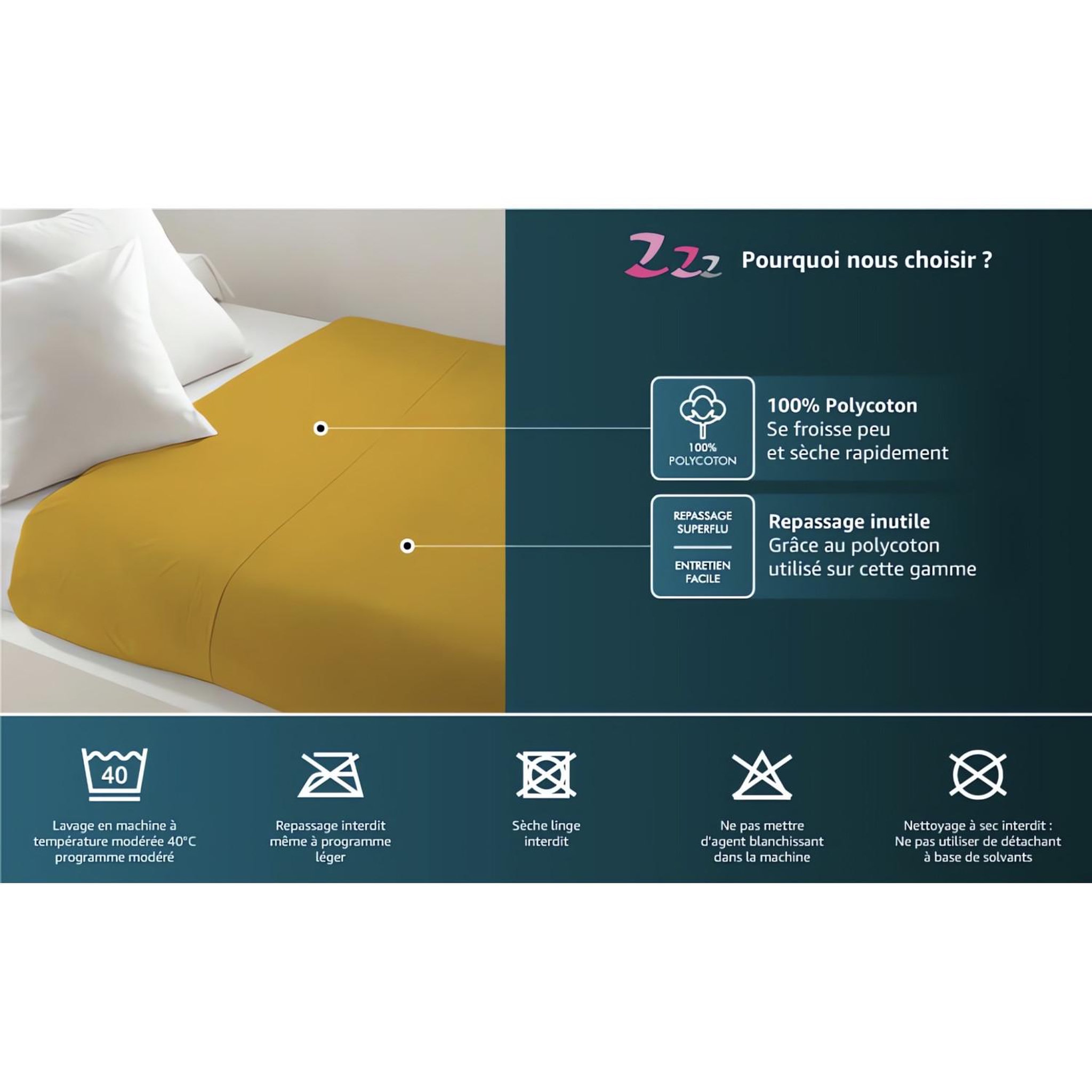 Voir la diapositive 2 : ZZZ Drap plat uni ZZZ en polycoton
