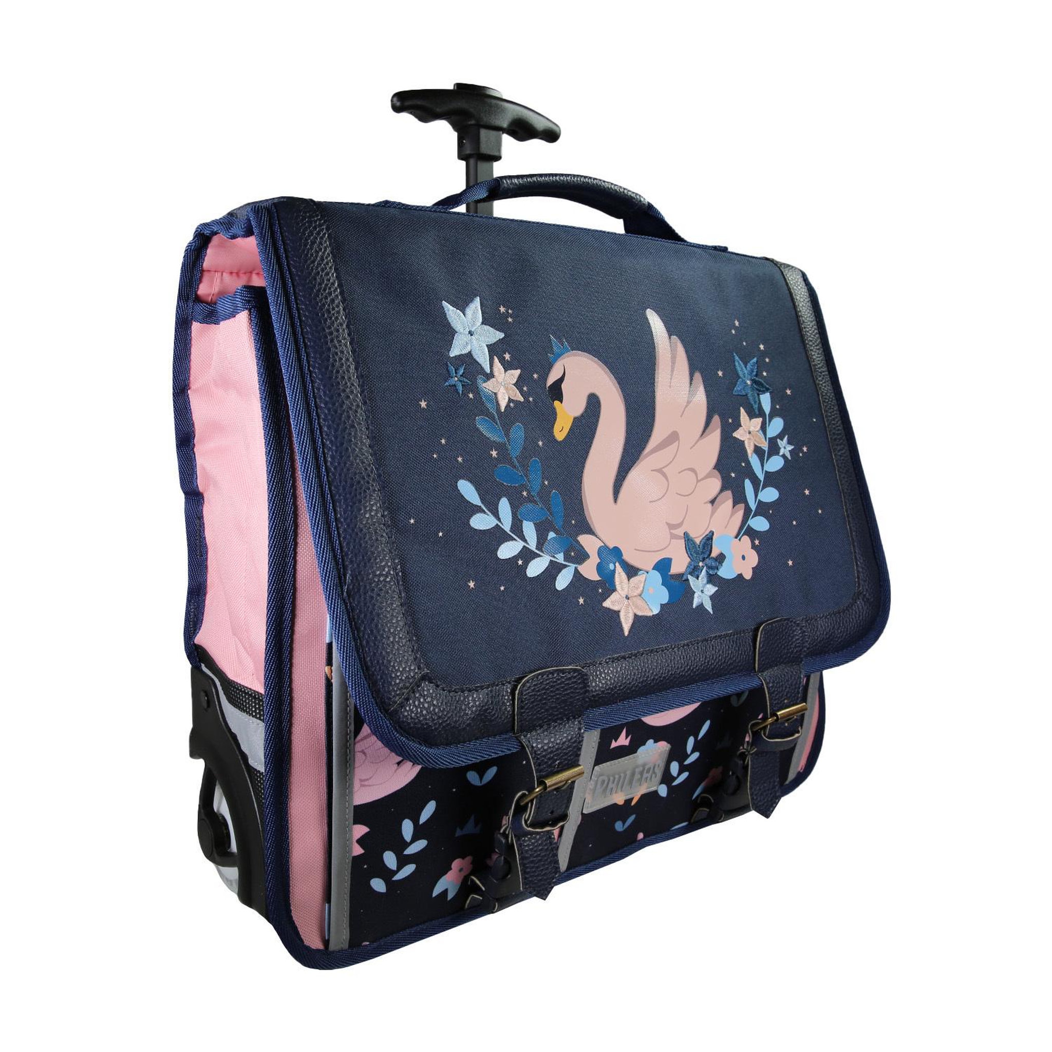 Voir la diapositive 2 : Bagtrotter Phileas – cartable à roulettes 41 cm cygne – bleu et rose – fille – 2 compartiments