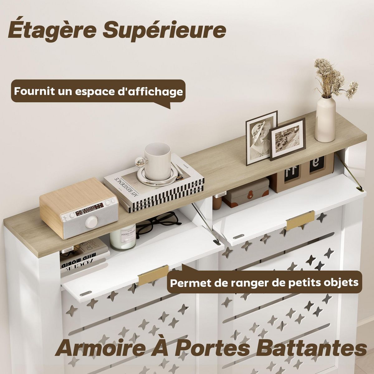 HOMCOM Cache-radiateur design motif étoile 2 portes dim. 108 x 19 x 95 cm doré effet bois blanc