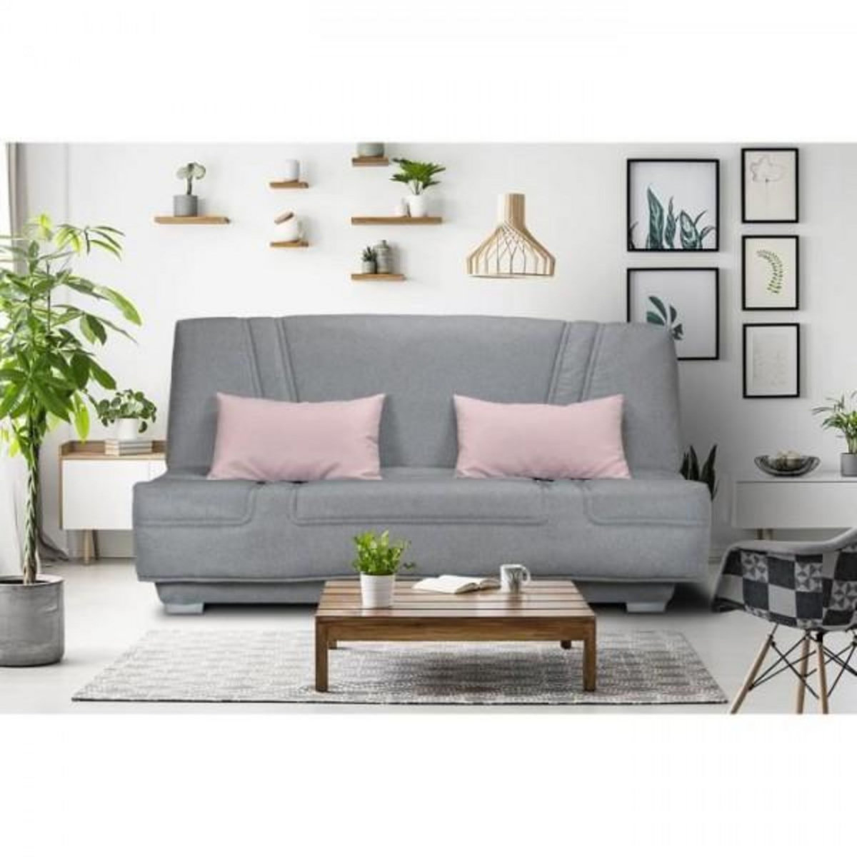 MARKET24 COMFORT BULTEX Banquette clic clac - Tissu Gris + Coussins déco rose - L193 x P95 cm