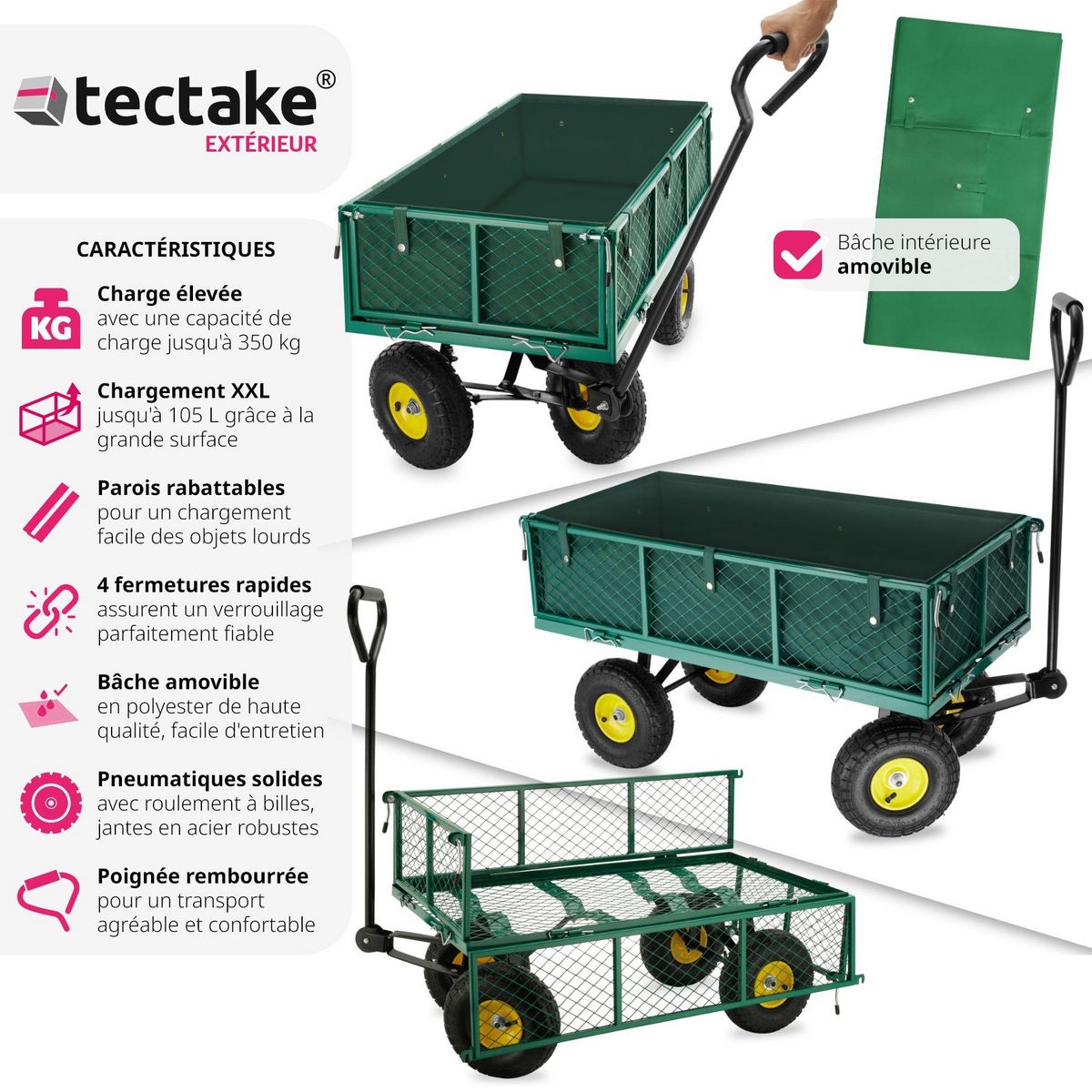 tectake Chariot de jardin et de transport avec des parois latérales rabattables vert