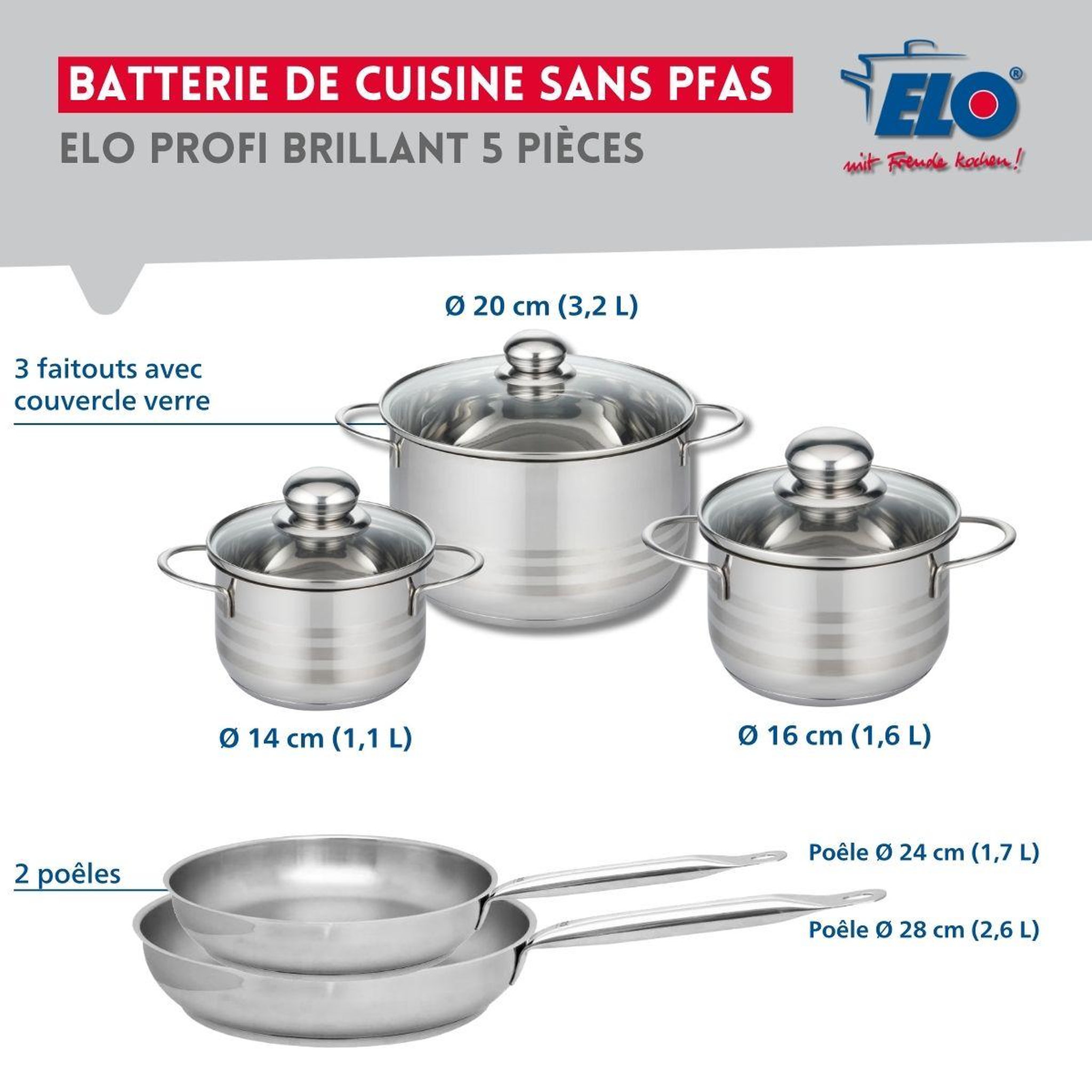 Voir la diapositive 2 : ELO Ensemble de 2 poêles de cuisson 24 et 28 cm et 3 faitouts 14, 16 et 20 cm elo profi brillant
