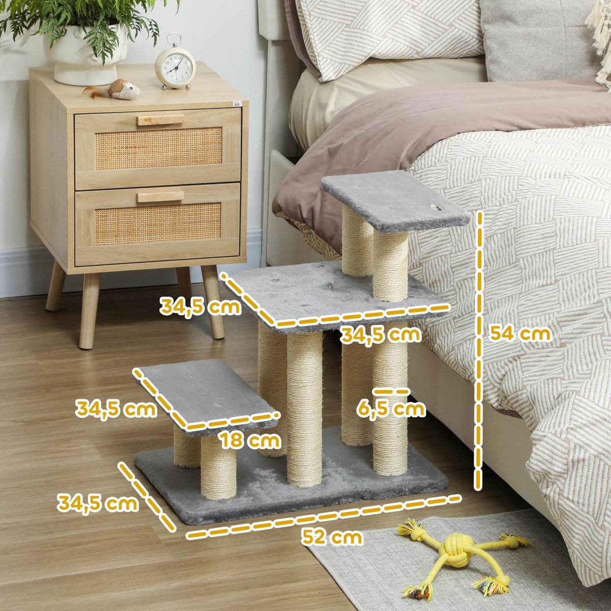 PAWHUT Escalier pour chat 3 marches - 6 poteaux griffoirs, jeu boule suspendue - sisal peluche gris