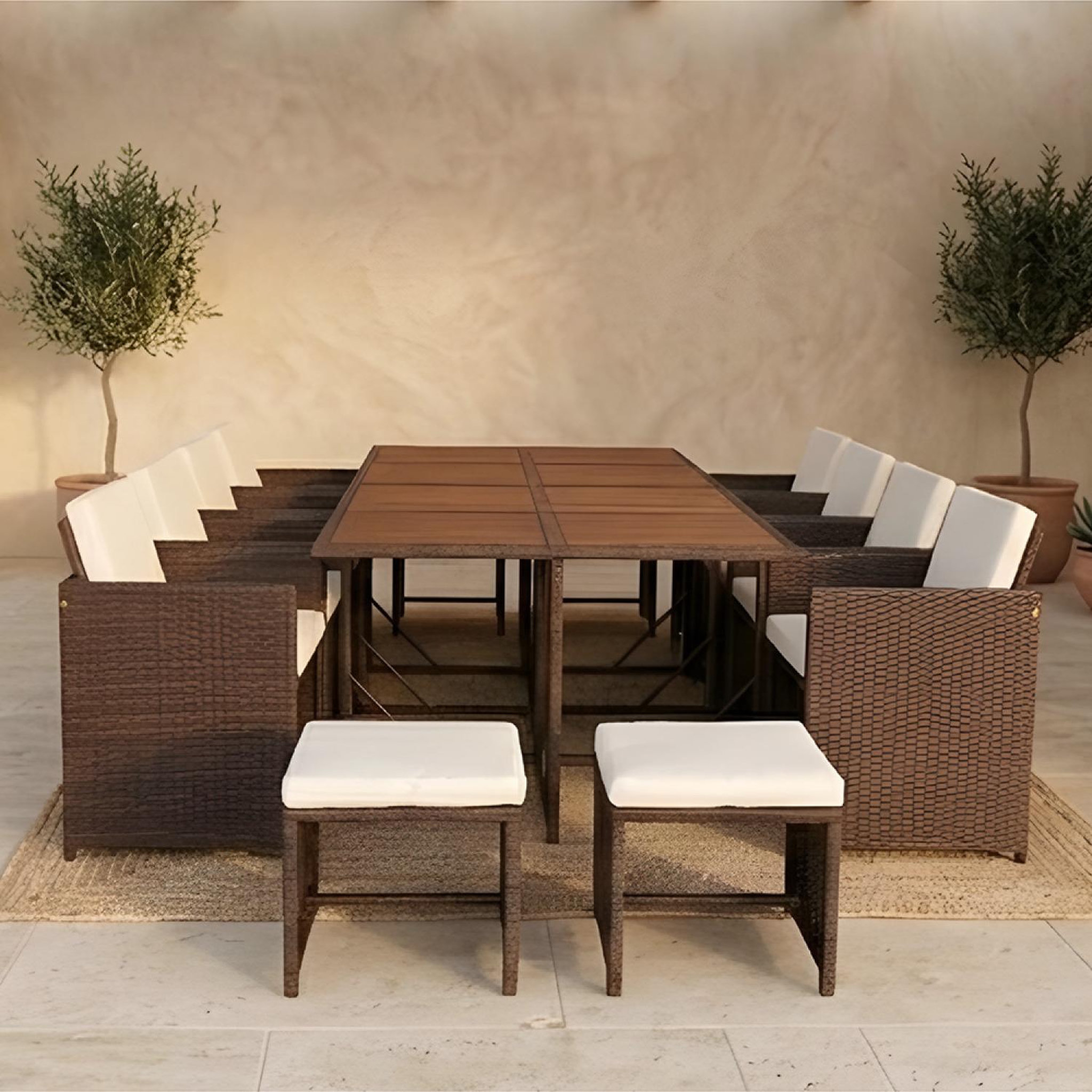 Voir la diapositive 4 : CONCEPT USINE Salon de jardin 12 pl en résine marron et coussins beige + housse TOLEDO