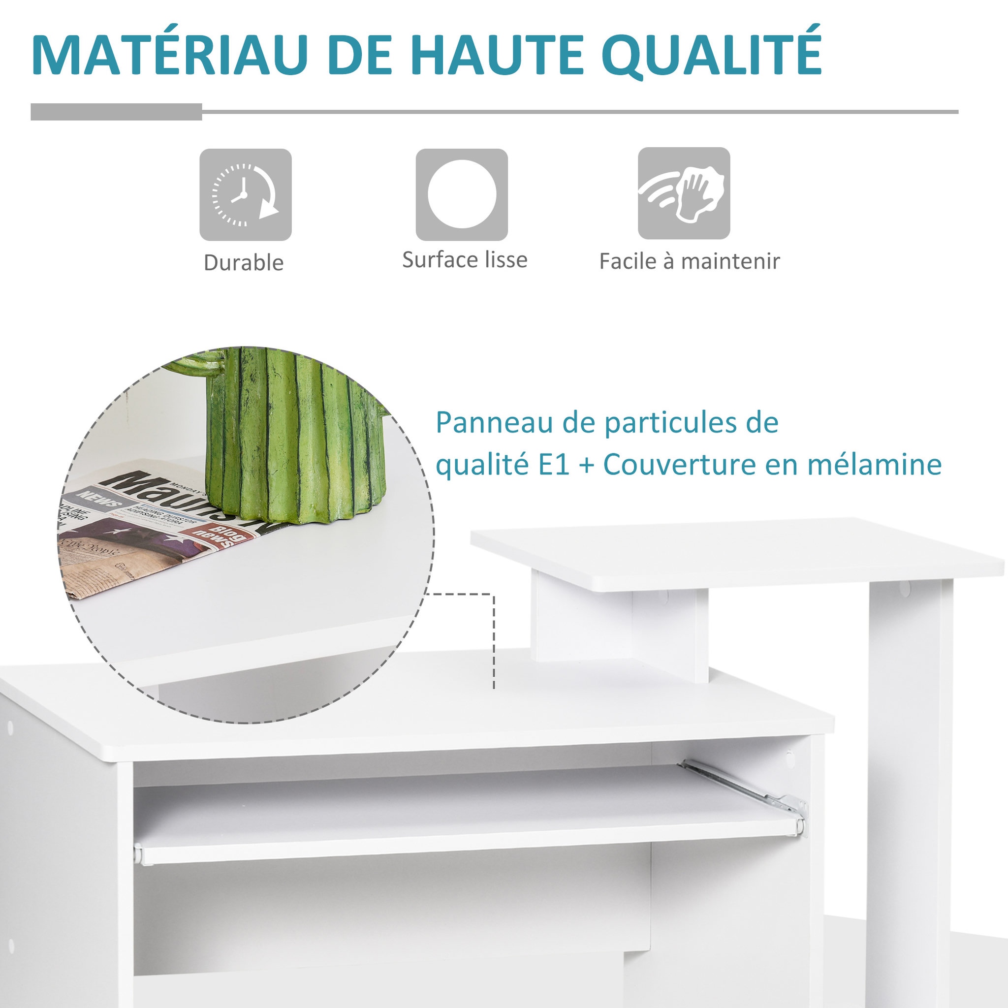 Voir la diapositive 5 : HOMCOM Bureau informatique multimédia étagères tablette clavier panier gris panneaux particules blanc