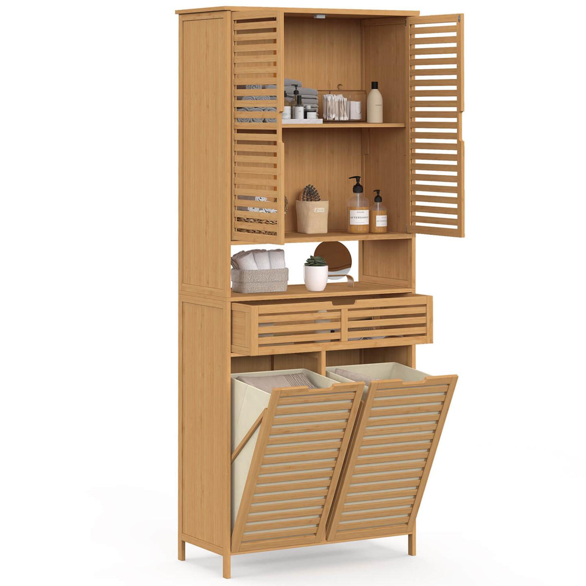 Voir la diapositive 4 : ID MARKET Meuble armoire colonne salle de bain bambou BEA 4 portes avec 2 paniers à linge amovibles 1 tiroir