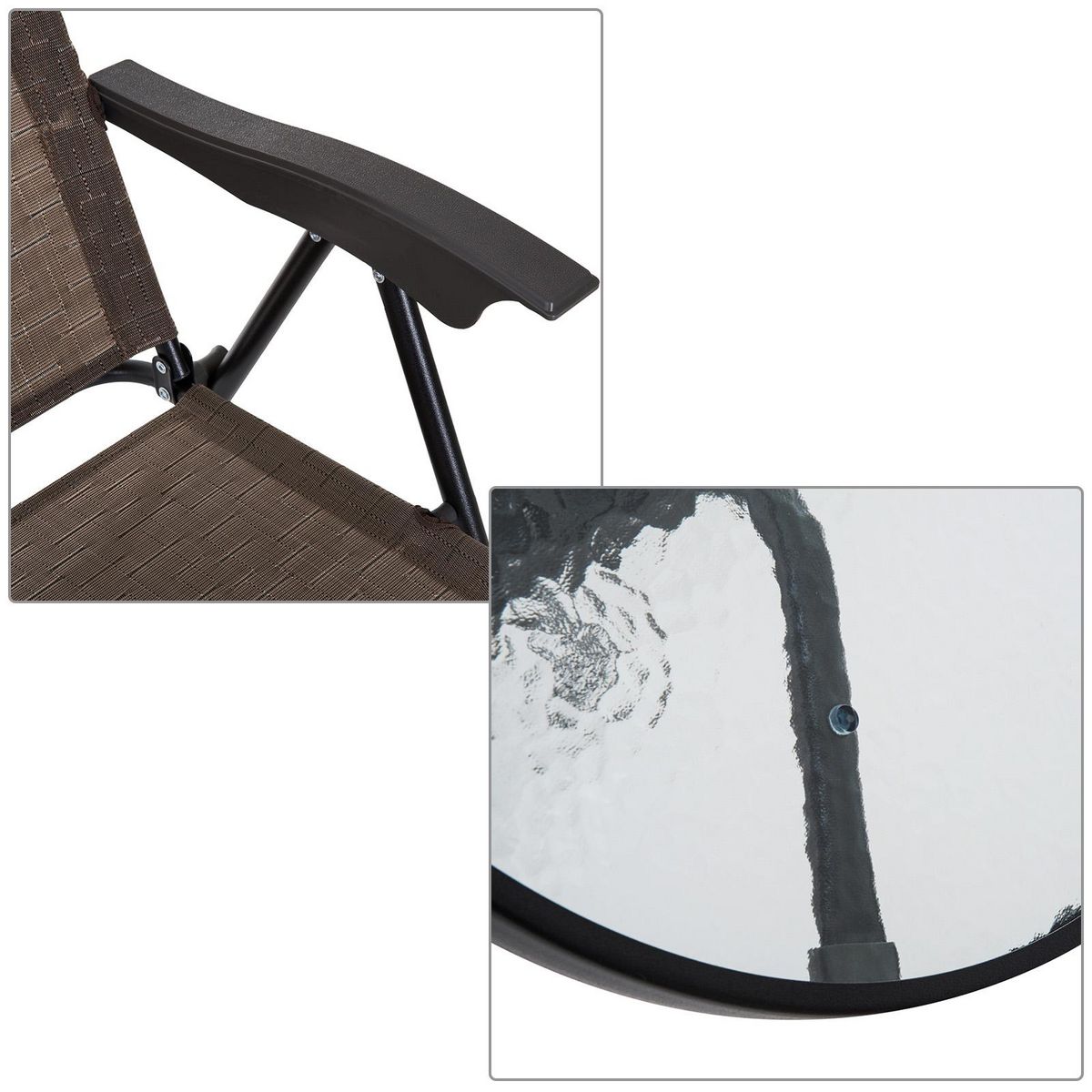 OUTSUNNY Ensemble de jardin 3 pièces 2 chaises inclinables multi-positions pliables + table ronde verre trempé métal époxy textilène chocolat