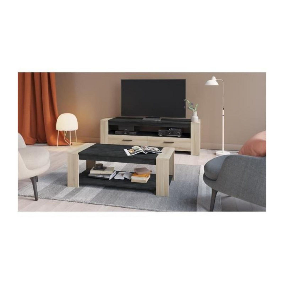 Demeyere Ensemble salon SHEFFIELD composé de : Table basse double plateau supérieur et inférieur + Meuble TV 2 tiroirs - DEMEYERE