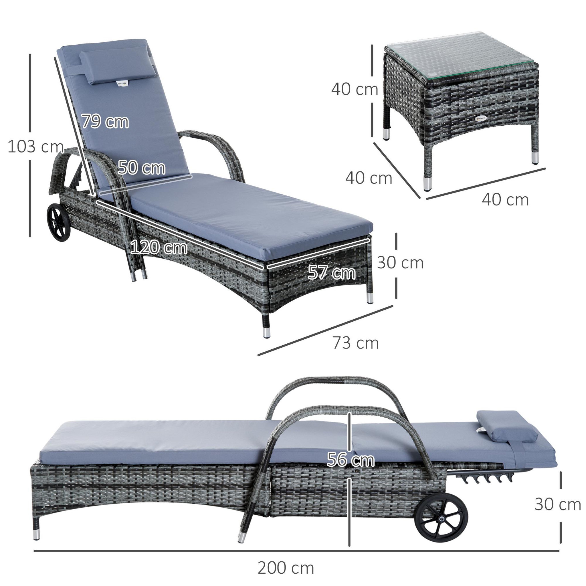 Voir la diapositive 3 : OUTSUNNY Lot de 2 bains de soleil inclinables tout confort avec table d'appoint résine tressée gris