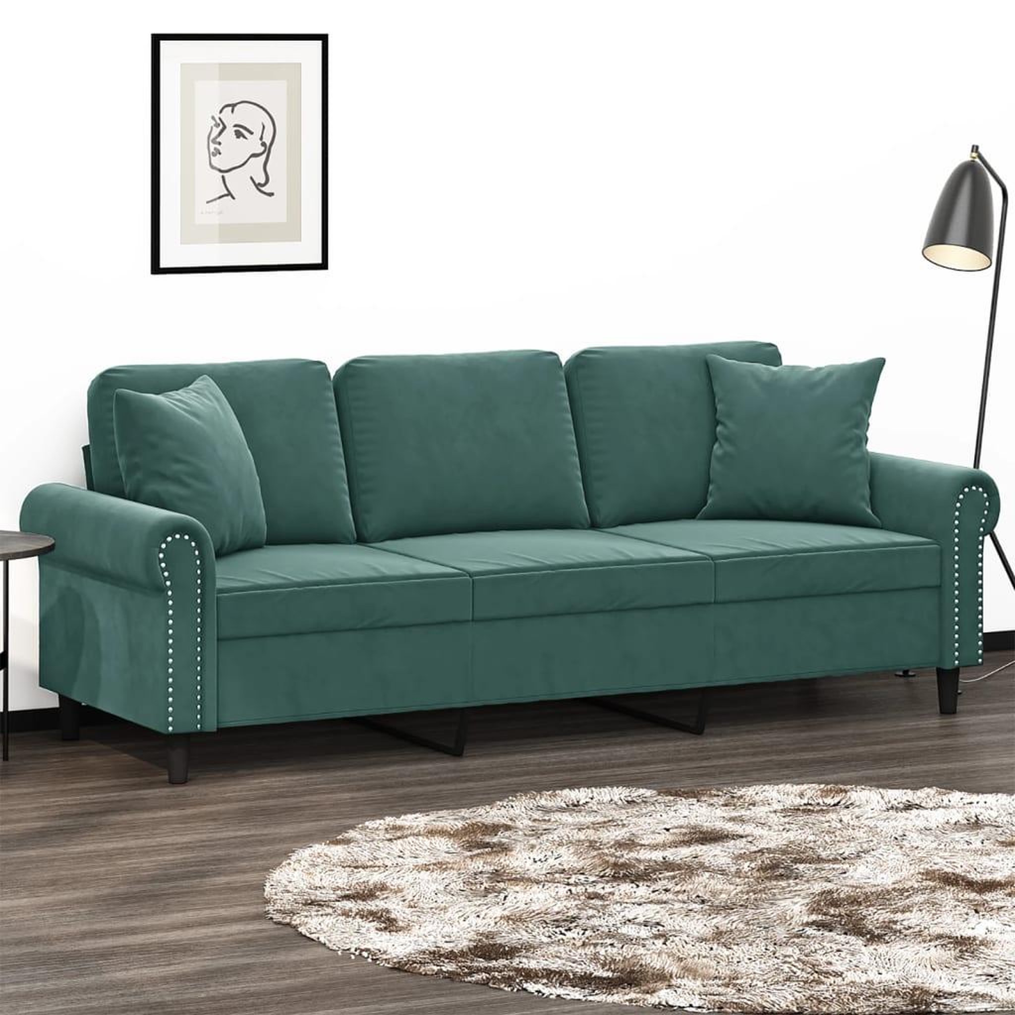 VIDAXL Canape 3 places avec oreillers vert fonce 180 cm velours