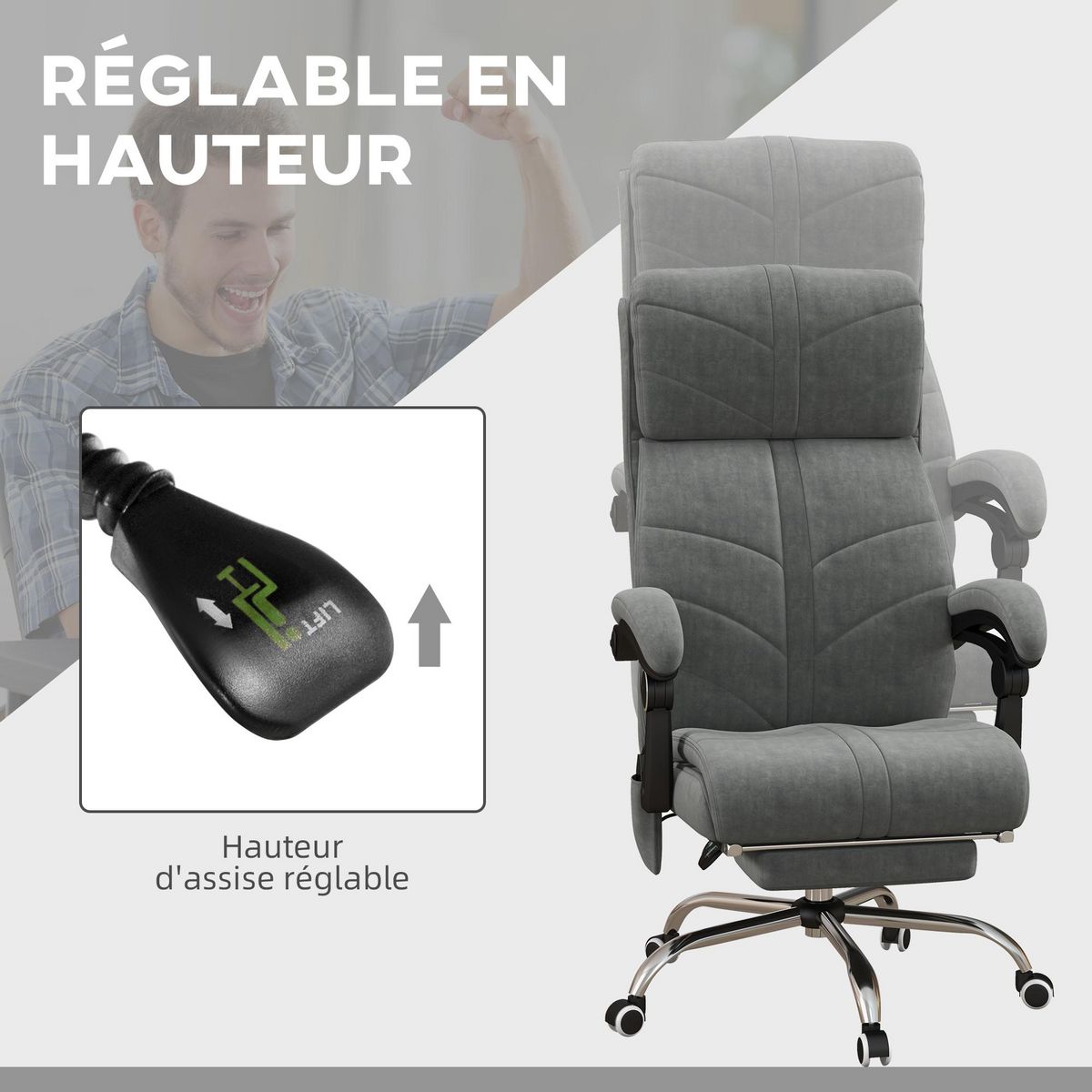 VINSETTO Fauteuil de bureau direction massant chauffant inclinable réglable repose-pied intégré tissu toucher flanelle grise