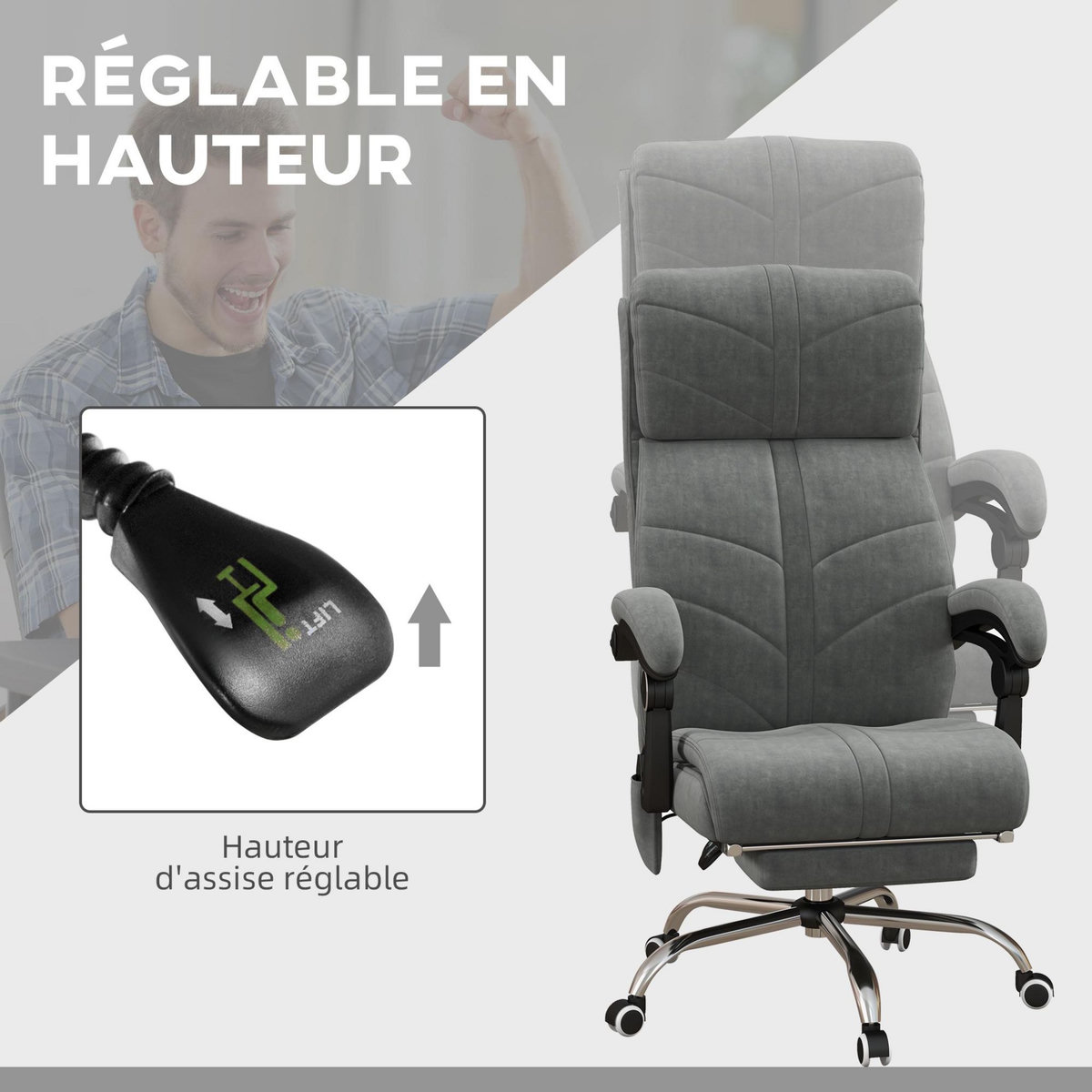 VINSETTO Fauteuil de bureau direction massant chauffant inclinable réglable repose-pied intégré tissu toucher flanelle grise