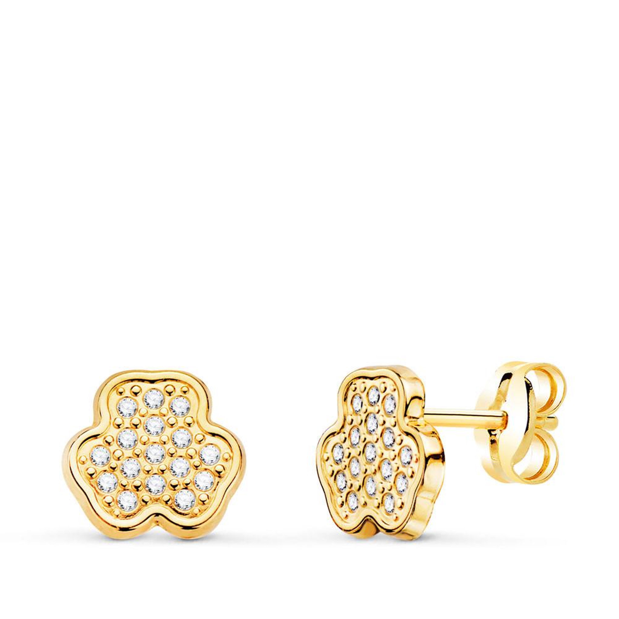 L'ATELIER D'AZUR Boucles d'Oreilles Or 18 Carats 750 Jaune et Zirconiums - Motif Trèfles