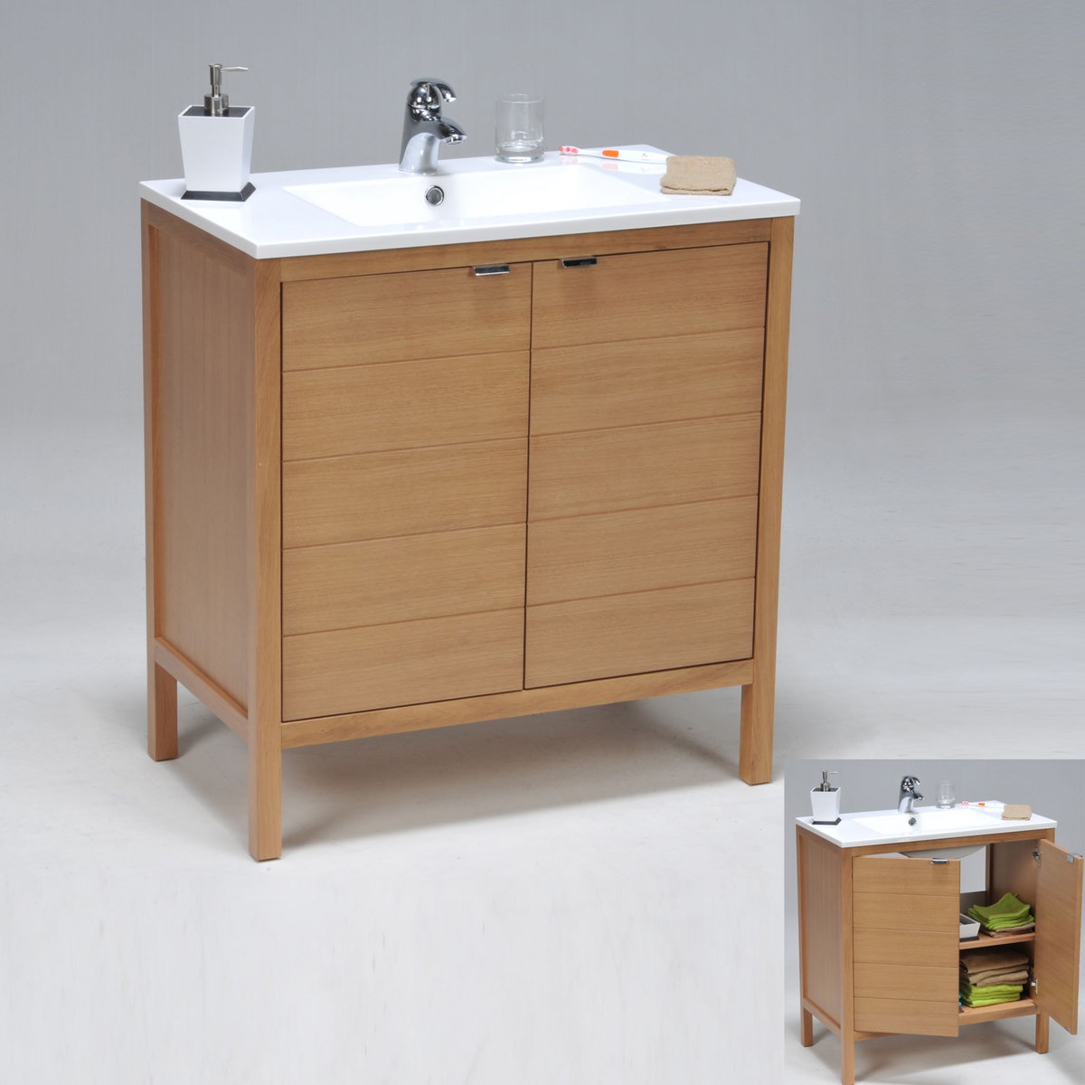 Meuble de salle bain en chêne massif 2 portes + vasque ZENITUDE