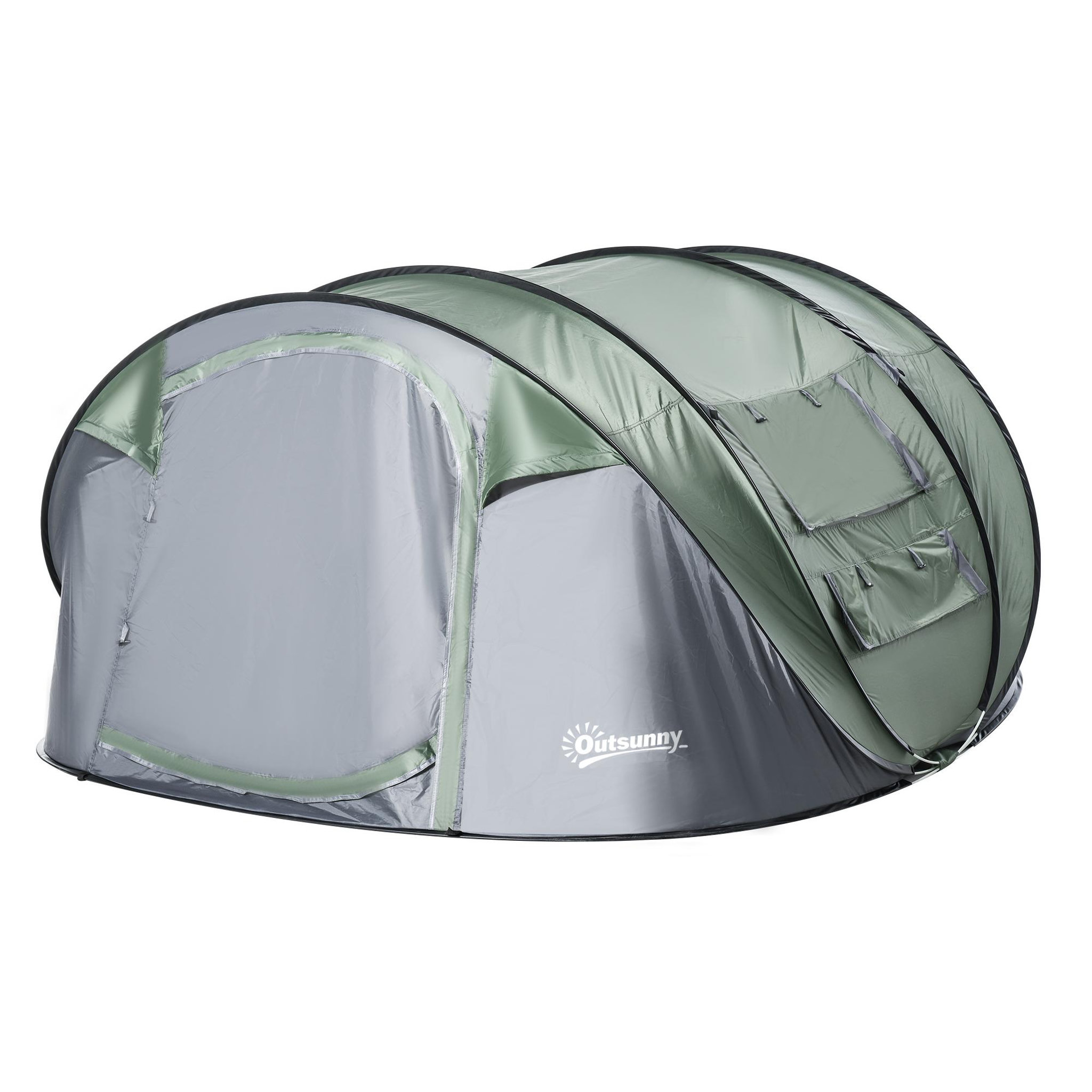 Voir la diapositive 1 : OUTSUNNY Tente de camping 4-5 personnes montage instantanée pop-up 2 portes enroulables 4 fenêtres dim. 2,63L x 2,2l x 1,23H m fibre verre polyester PE vert gris