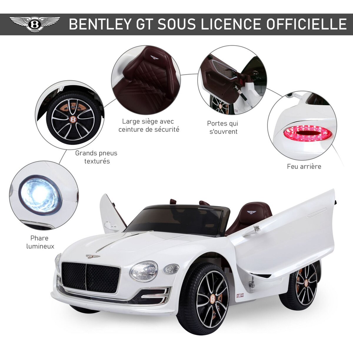 HOMCOM Véhicule électrique enfants 2 moteurs 108L x 60l x 43H cm télécommande effets sonores + lumineux blanc Bentley