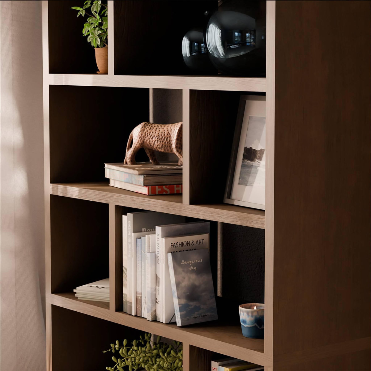 SWEEEK Etagère bibliothèque asymétrique 5 niveaux 10 compartiments. casiers. effet bois de noyer. L 111.2 x P 39 x H 190cm