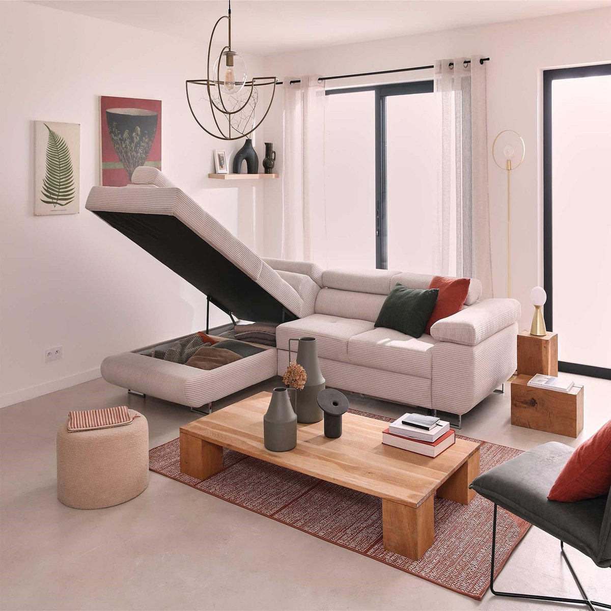 BEST MOBILIER Zaria - canapé d'angle gauche - convertible avec coffre et têtières réglables - 5 places - en velours côtelé