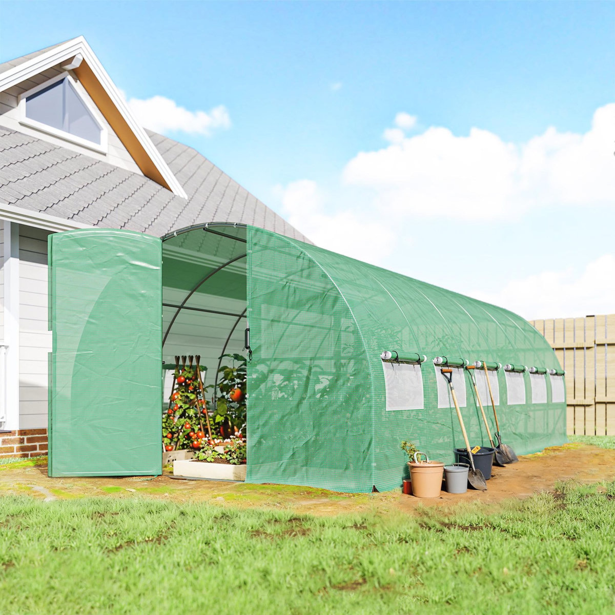 OUTSUNNY Serre tunnel de jardin 18 m² porte 12 fenêtres enroulables acier PE vert