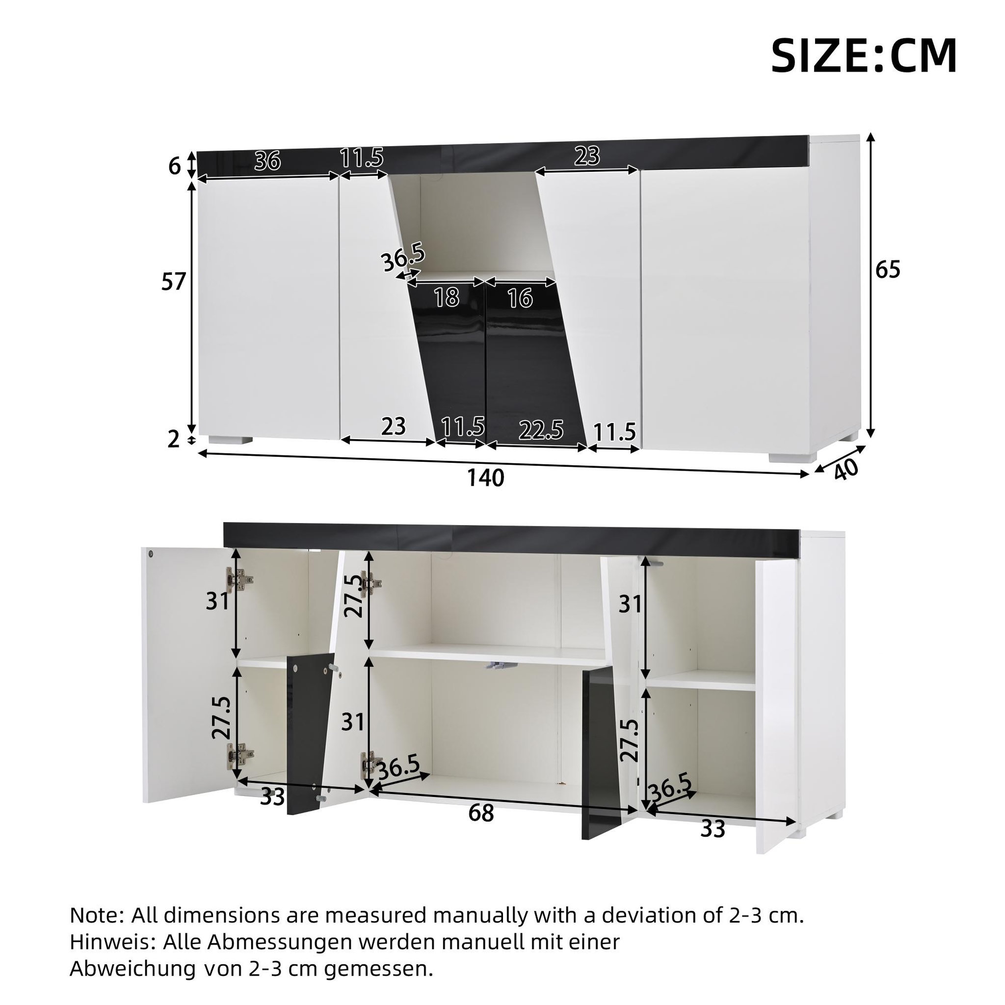 Voir la diapositive 3 : MERAX Buffet 4 porte(s) 0 tiroir(s) - 140 cm blanc+noir led panneau de particules