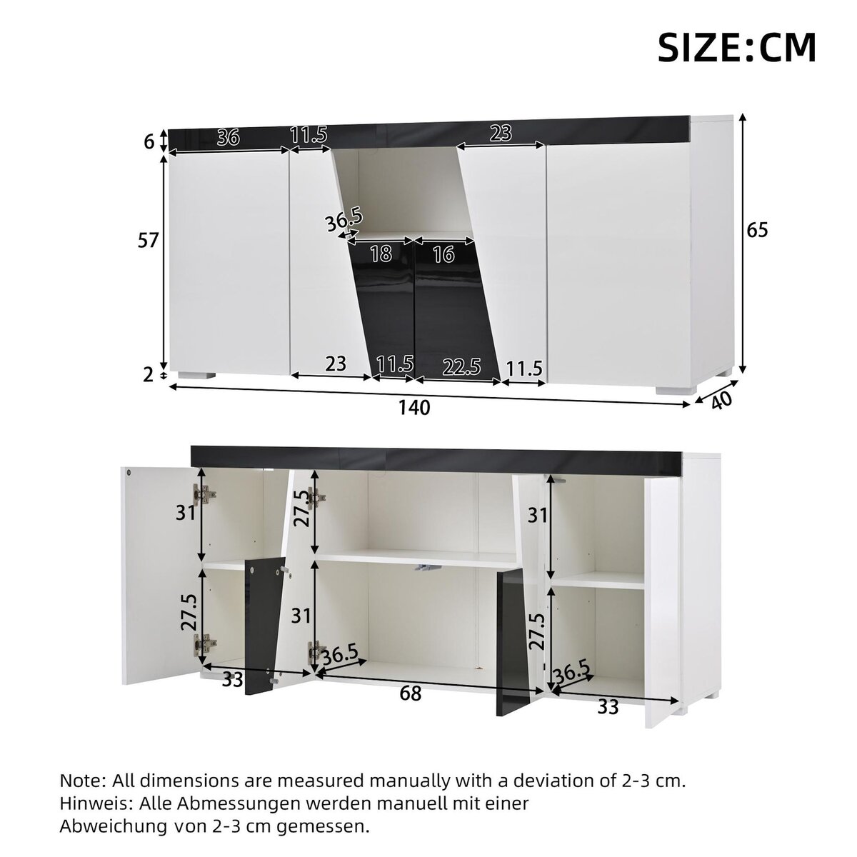 MERAX Buffet 4 porte(s) 0 tiroir(s) - 140 cm blanc+noir led panneau de particules