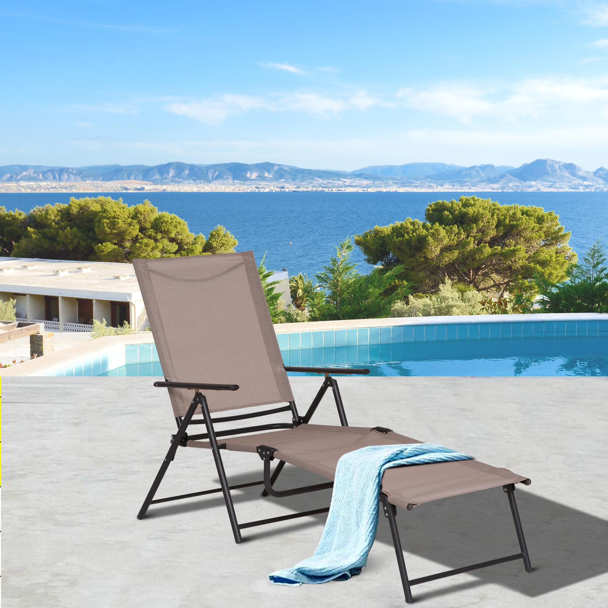 Voir la diapositive 2 : OUTSUNNY Bain de soleil pliable transat inclinable 5 positions chaise longue grand confort avec accoudoirs dim. 152L x 65l x 100H cm métal époxy textilène sable