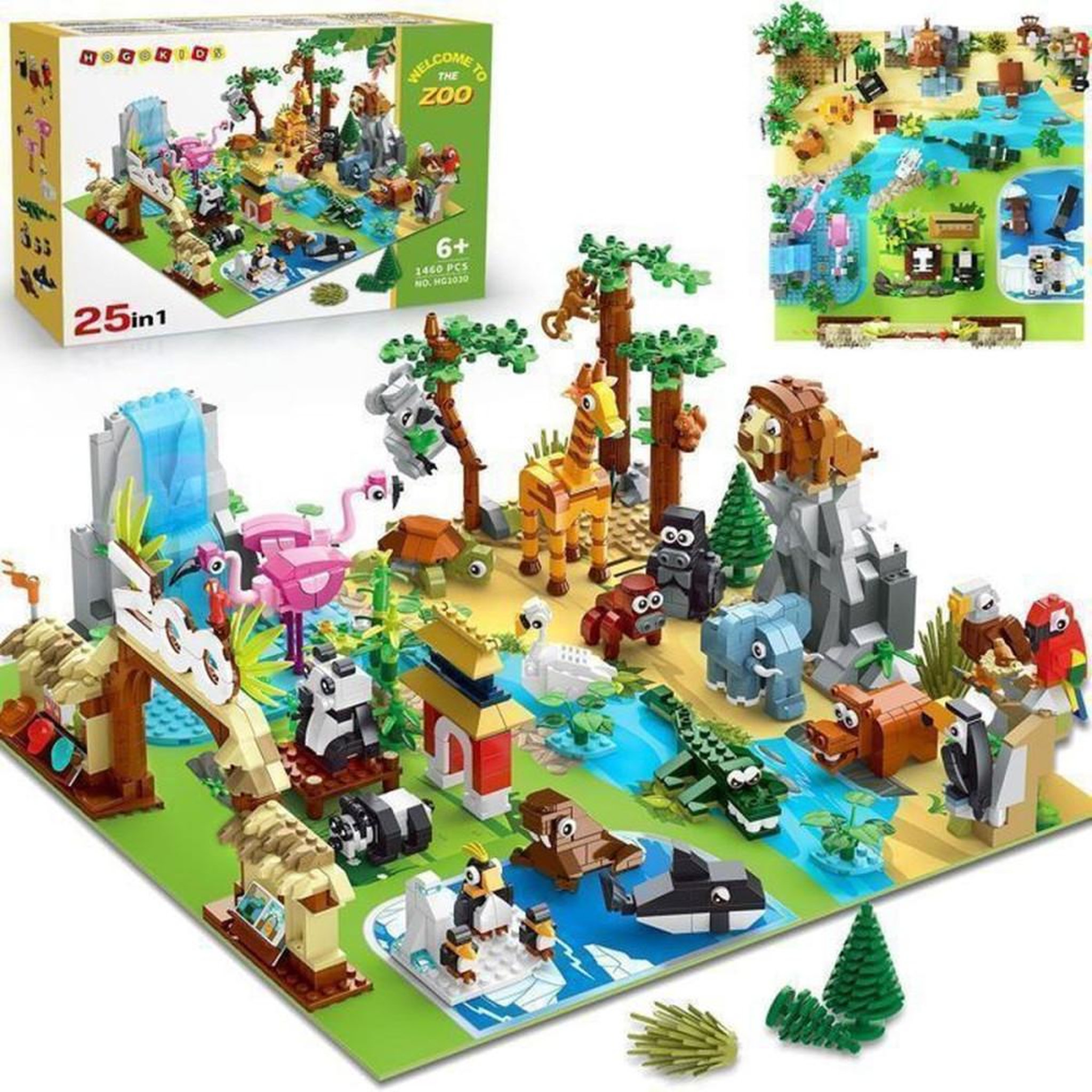 Kit de construction Zoo 25 en 1 avec 25 animaux et 8 habitats, tapis de jeu pliable 38 x 38 cm, dès 6 ans