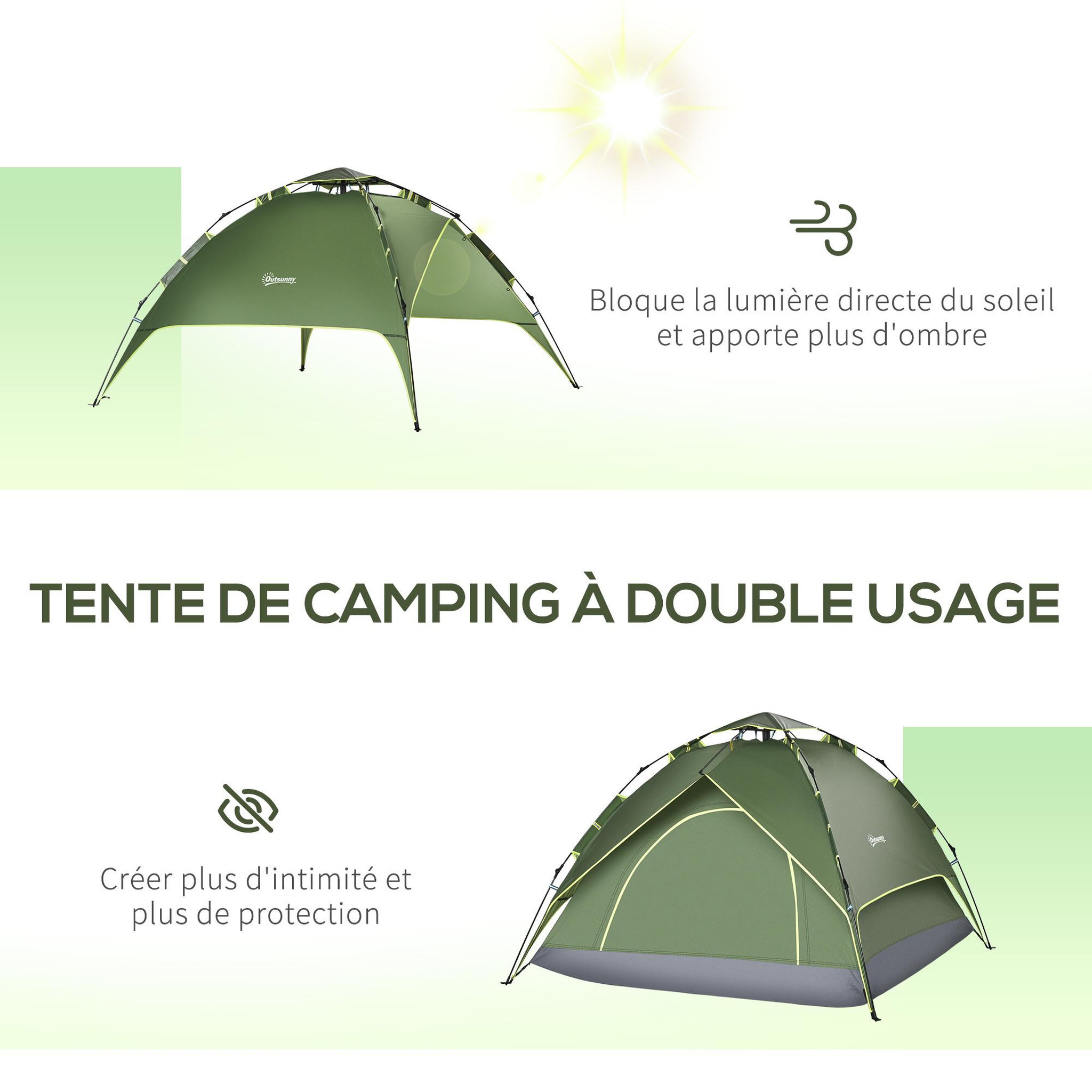 Voir la diapositive 5 : OUTSUNNY Tente de camping pop up 2-3 personnes 2 portes vert kaki montage démontage facile sac de transport inclus fibre verre polyester