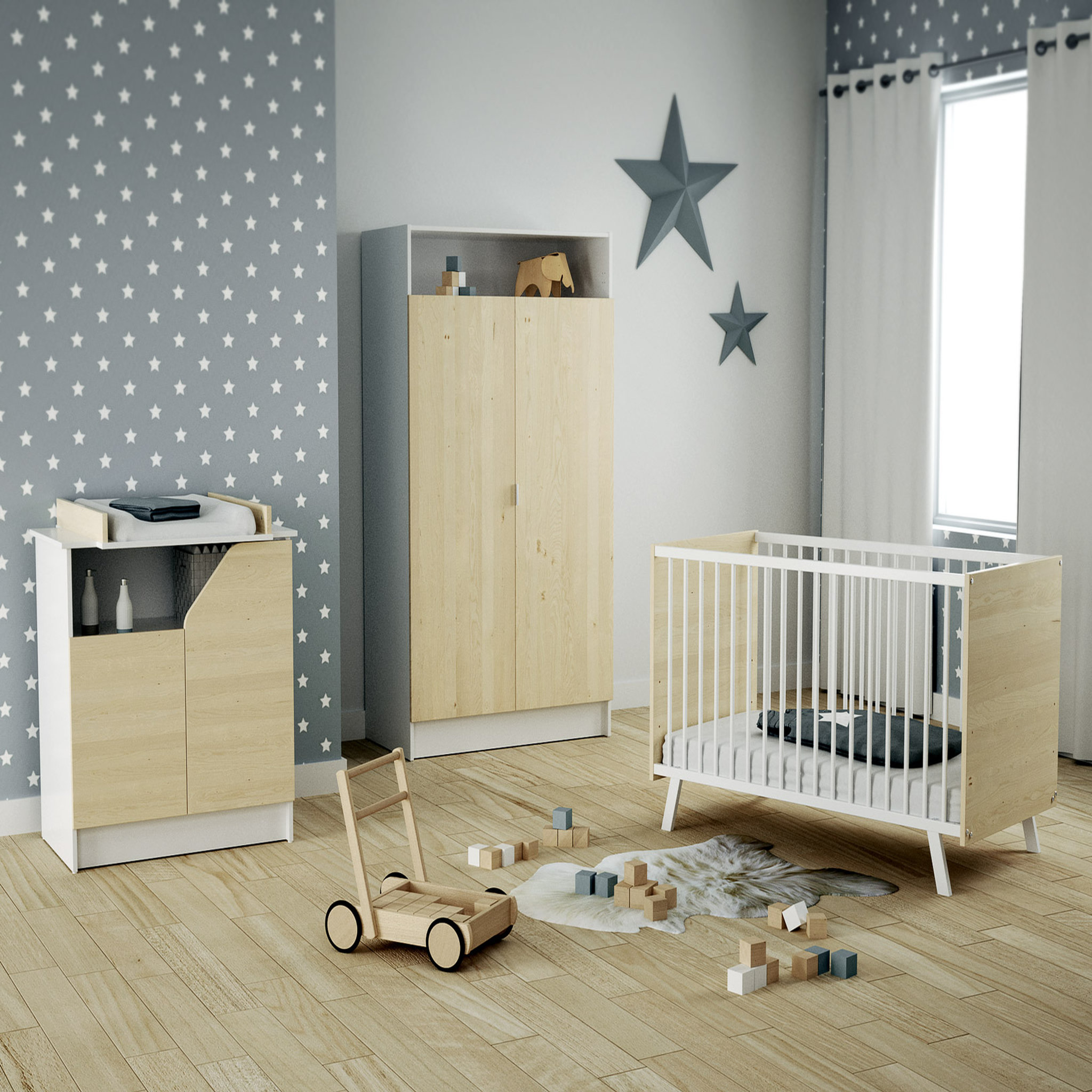 Voir la diapositive 4 : Commode à langer 2 portes CARNAVAL Blanc et décor bouleau