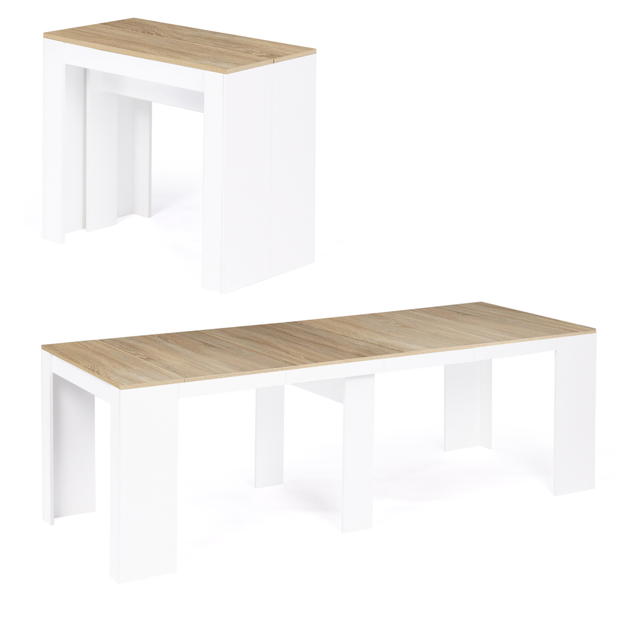 ID MARKET Table console extensible orlando 10 personnes 235 cm bois blanc et façon hêtre