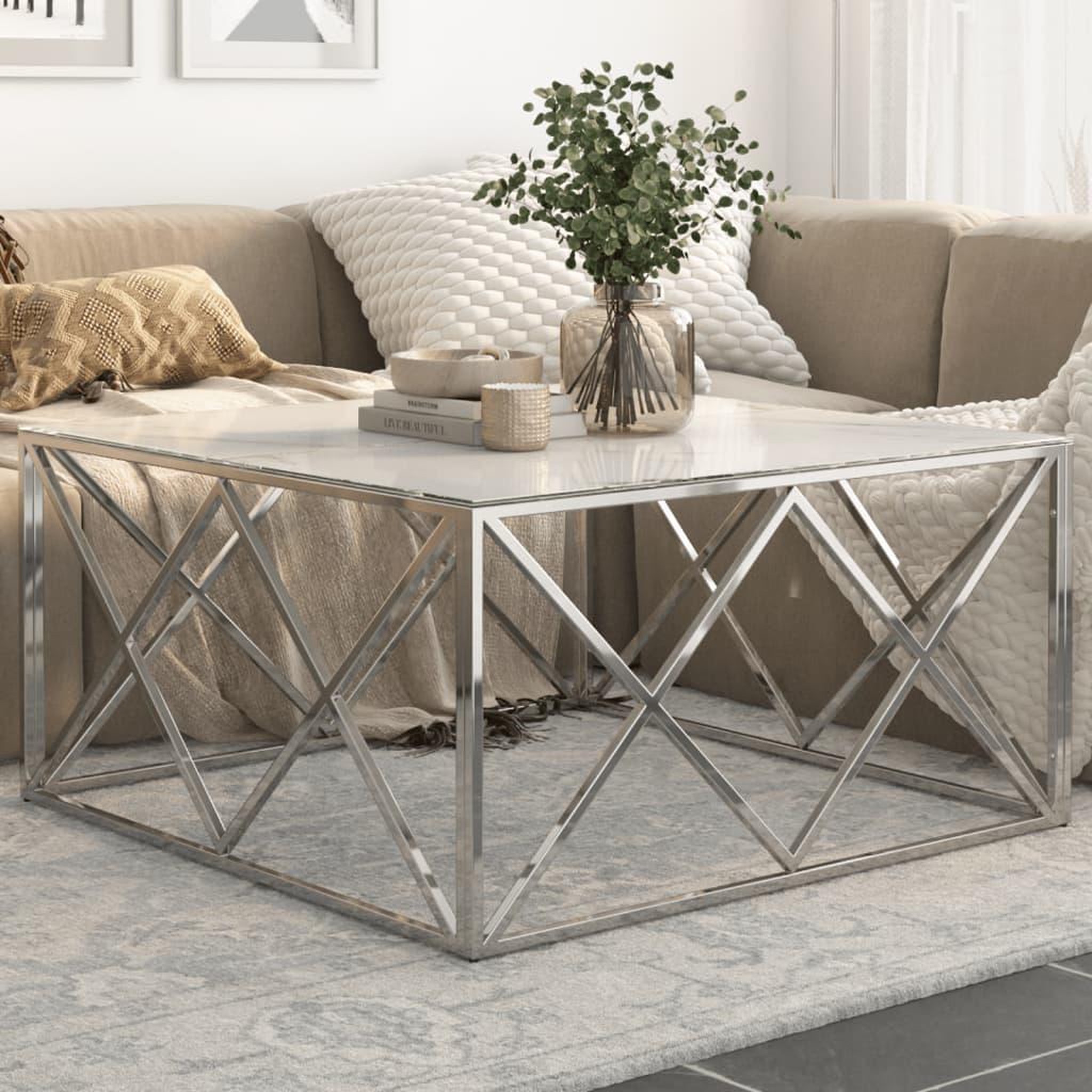 VIDAXL Table basse argente acier inoxydable et verre trempe