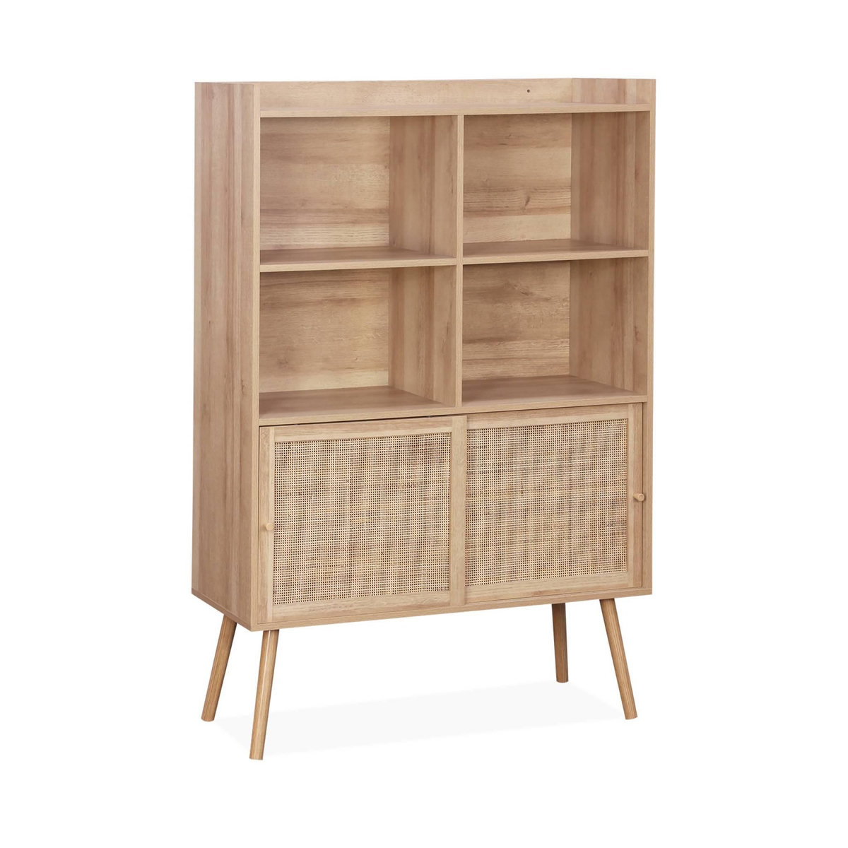 SWEEEK Etagère bibliothèque 5 étagères. 2 portes coulissantes. effet bois et cannage