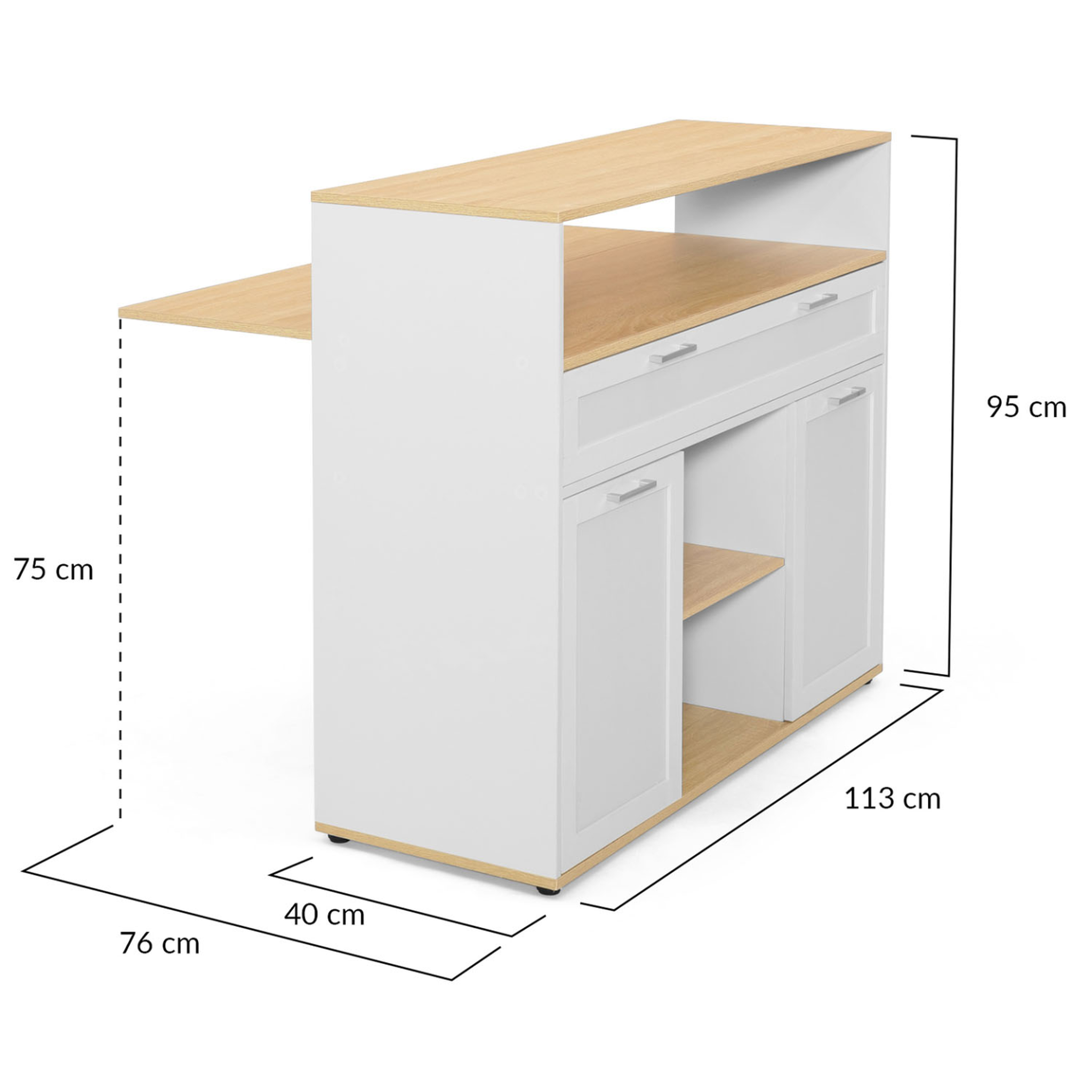 Voir la diapositive 5 : ID MARKET Meuble de bar extensible en table à manger 2 personnes vito blanc et plateau bois