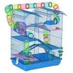 PAWHUT Cage pour hamster souris petits animaux rongeur avec tunnel mangeoire roue jouet 47 x 30 x 59 cm cm bleu. Coloris disponibles : Rouge, Vert