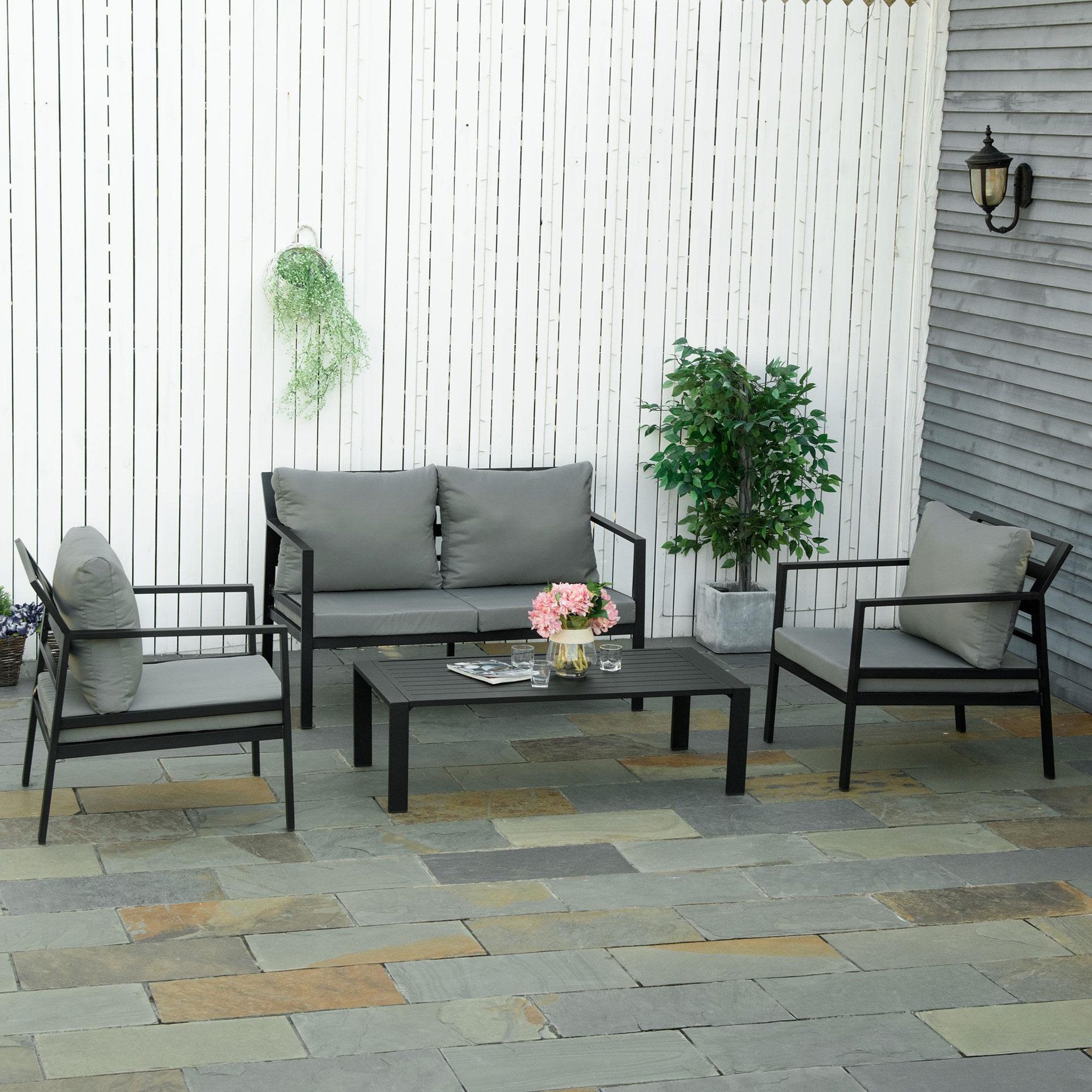 Voir la diapositive 2 : OUTSUNNY Ensemble salon de jardin style yachting design contemporain 4 places 4 pièces avec coussins déhoussables polyester alu. gris