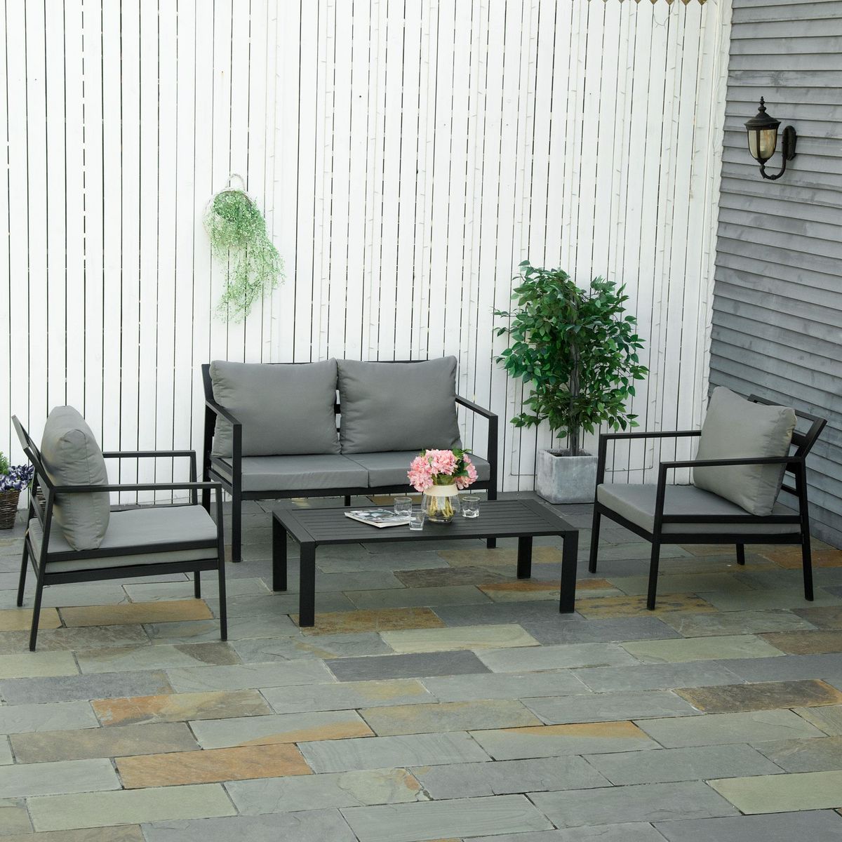 OUTSUNNY Ensemble salon de jardin style yachting design contemporain 4 places 4 pièces avec coussins déhoussables polyester alu. gris