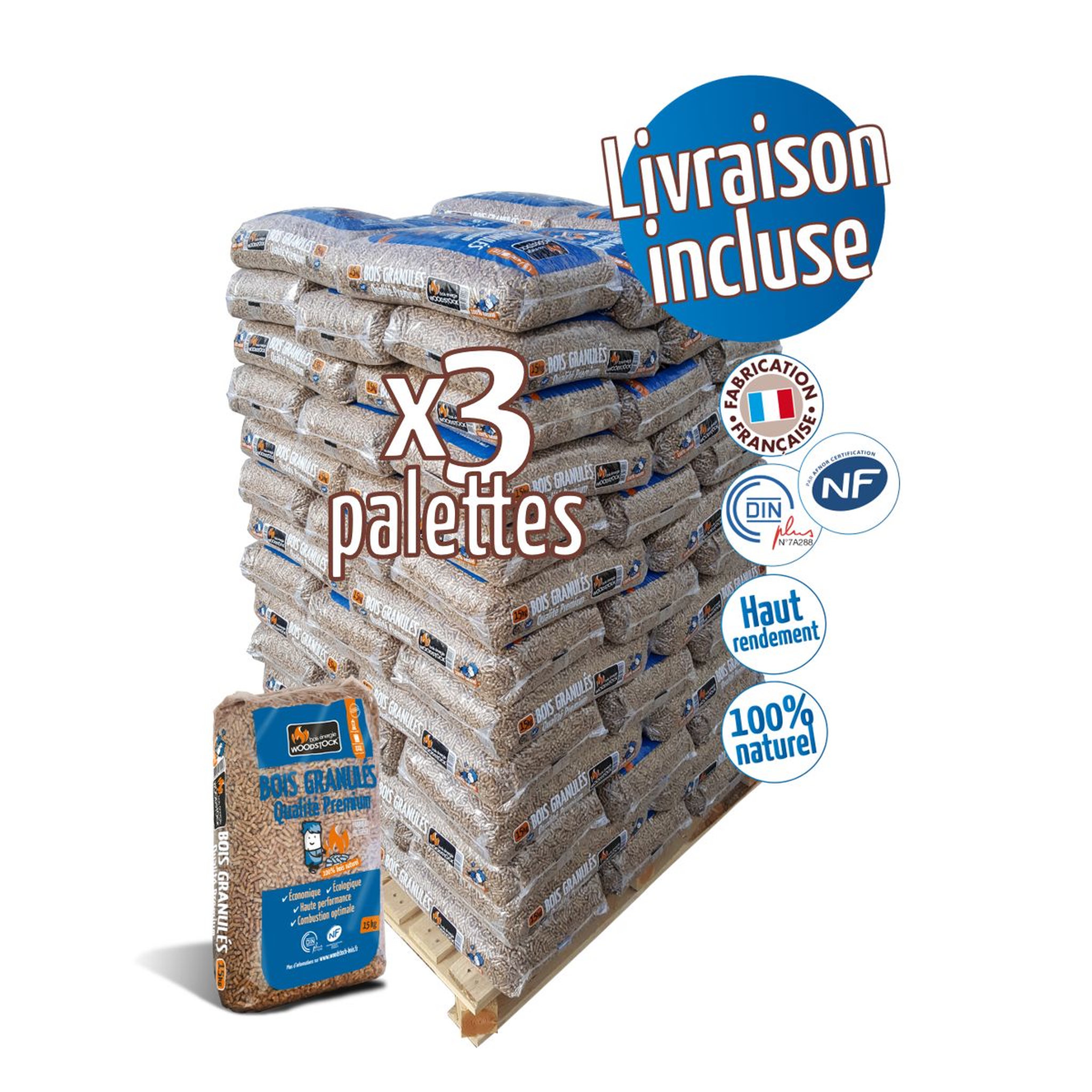 WOODSTOCK 3 Palettes de granulés de bois - 66 sacs de 15 kg 