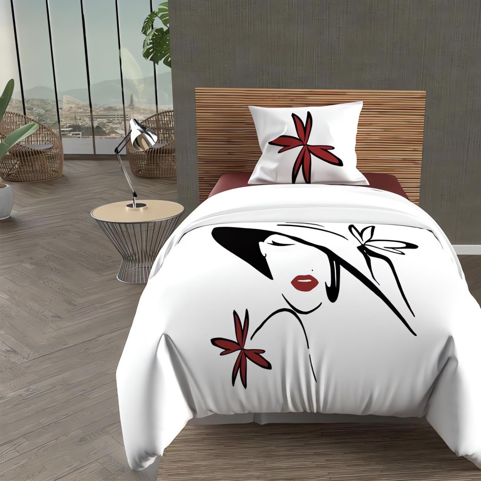 SOLEIL D'OCRE Parure housse de couette dessin placé 140x200 cm ava 100% coton 57 fils/cm2, pr soleil d'ocre