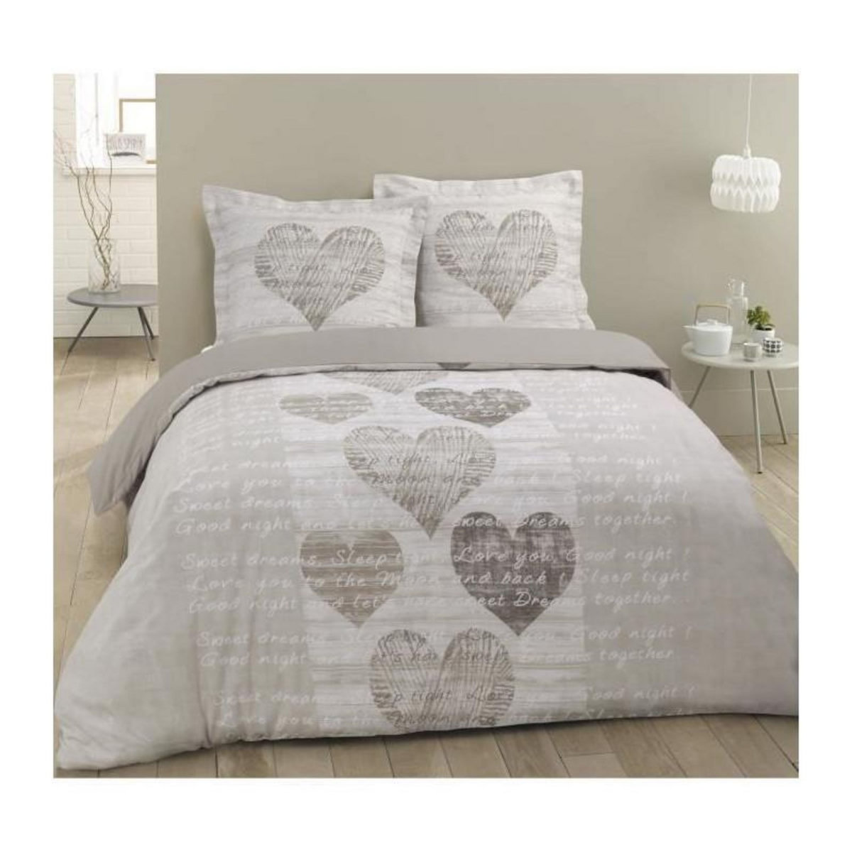 VISION VISION Parure de couette Alice - 100% coton - 1 housse de couette 200 x 200 cm + 2 taies d'oreiller 65 x 65 cm - Beige